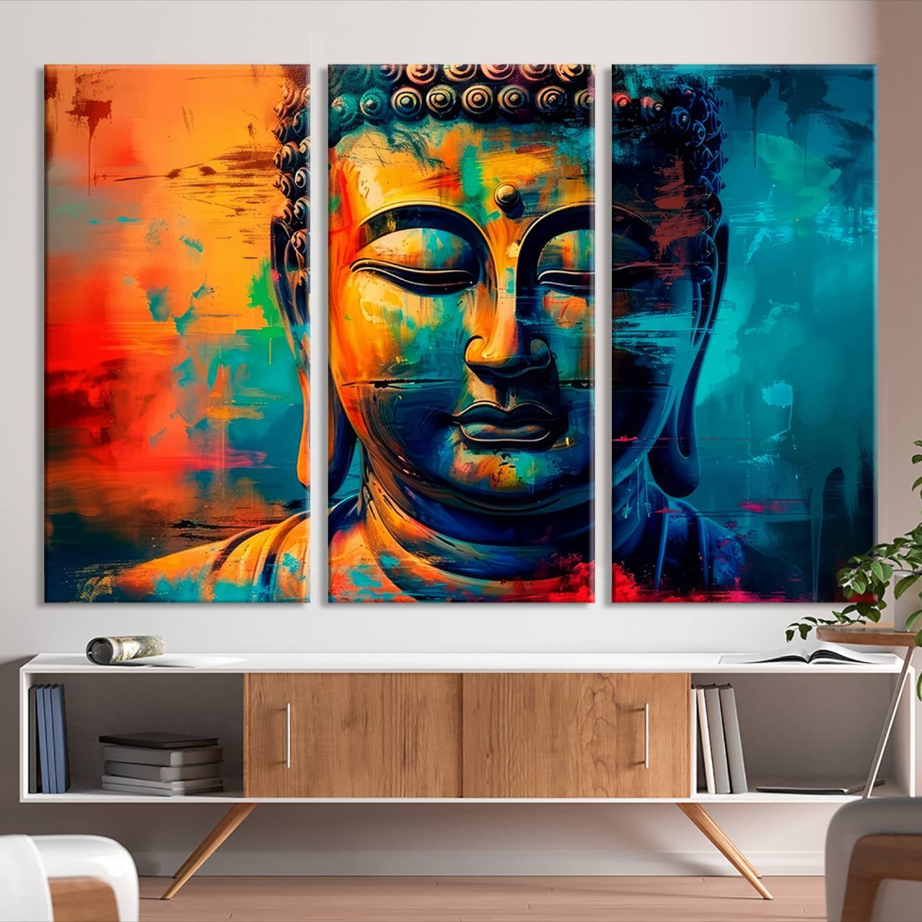 A vibrant, abstract artistic rendition of a Buddha statue face, blending bold and contrasting colors to evoke a sense of peace, spirituality, and enlightenment.