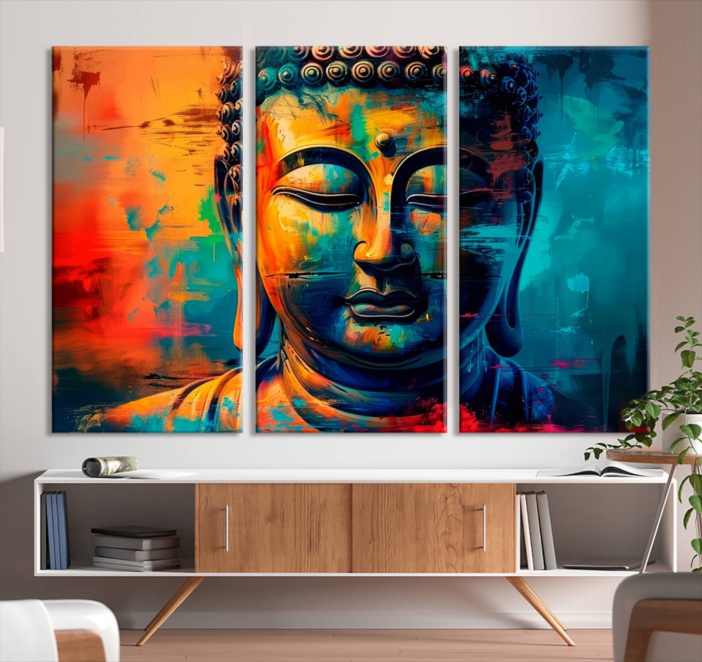 48759-MGV-CV-48X32-3P-Colorful Buddha Wall Art – Framed Abstract Portrait Canvas Artwork, Vibrant Spiritual Design, Modern Zen Decor for Home, Office