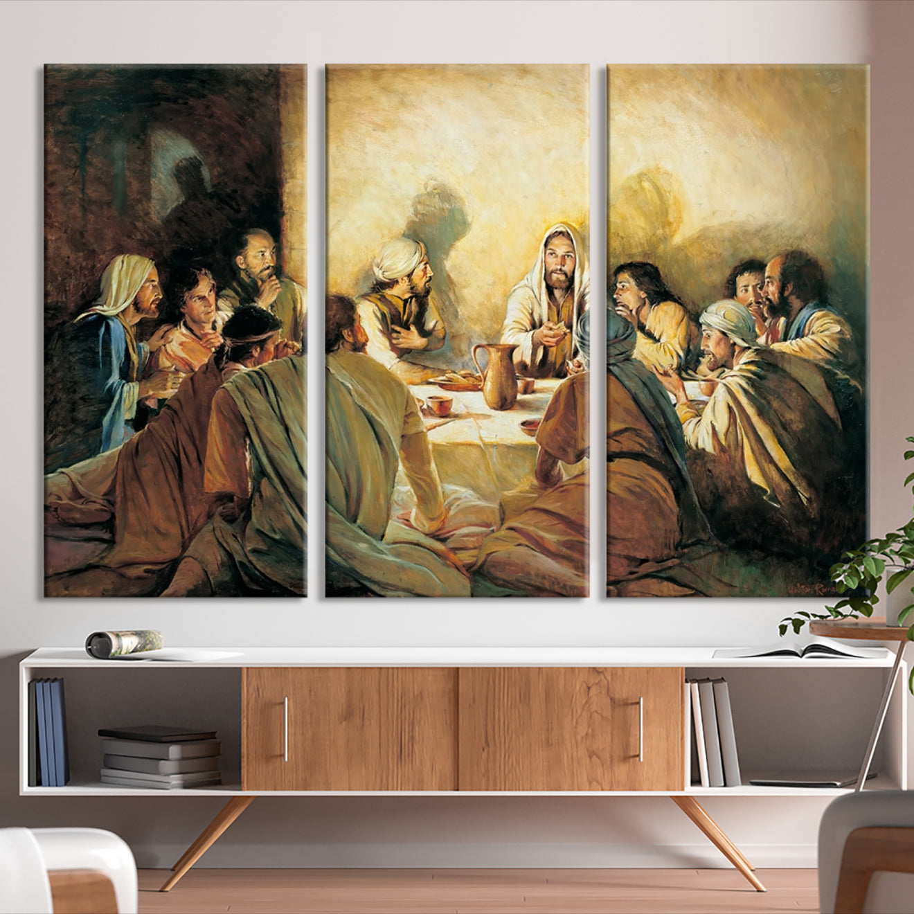 Framed canvas print of the Last Supper, depicting Jesus and his disciples, perfect for religious or Christian-themed home decor.
