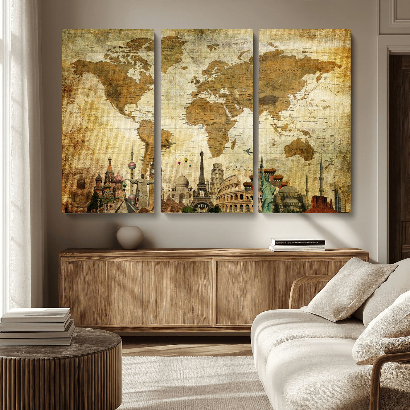 -Vintage World Map Canvas Wall Art – Framed Push Pin Travel Map with Famous Landmarks, Rustic Home and Office Decor Artwork for Travelers