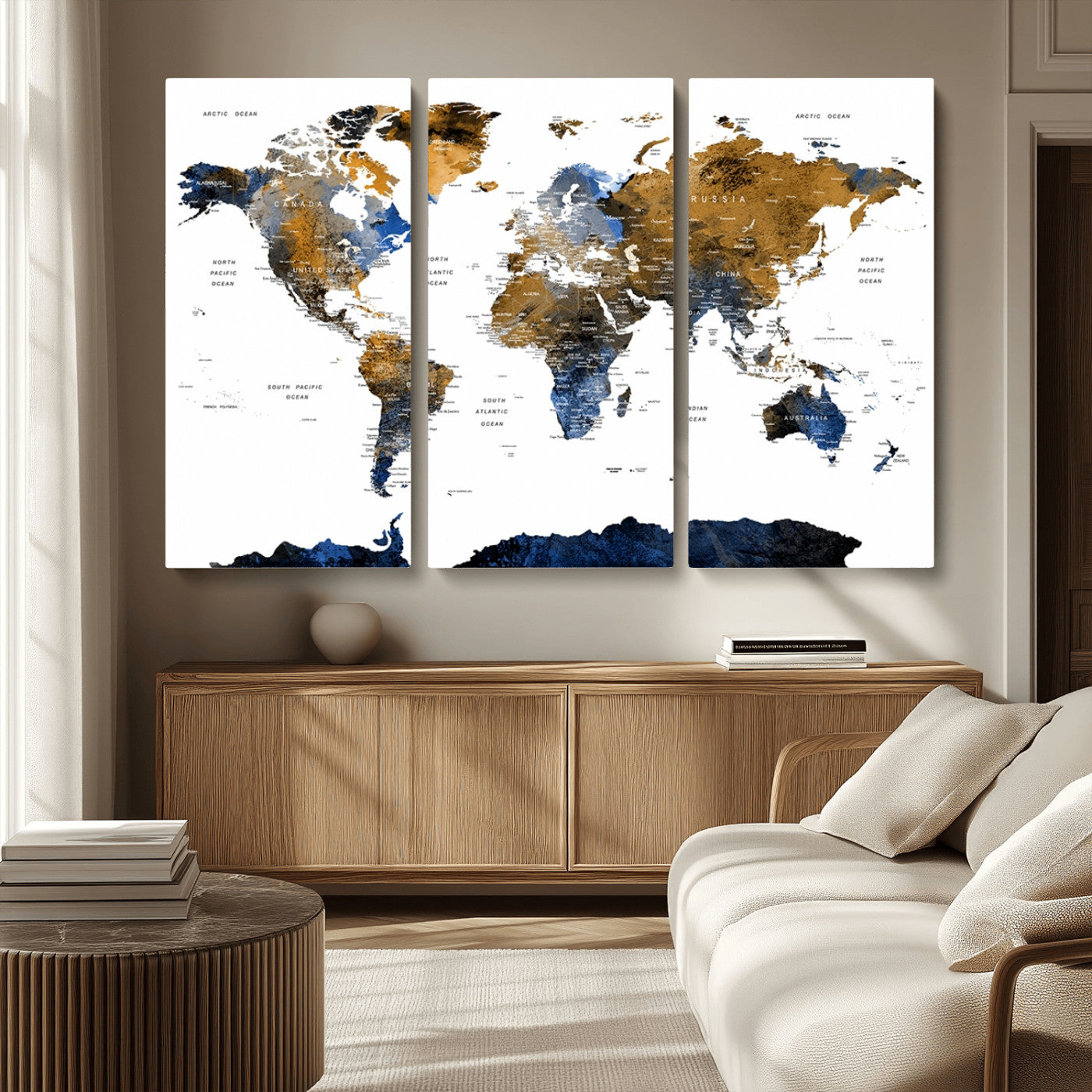 56231-MGV-CV-36X24-Navy and Gold World Map Canvas Wall Art – Framed Modern World Map Print, Elegant Travel Inspired Artwork for Home and Office Decor