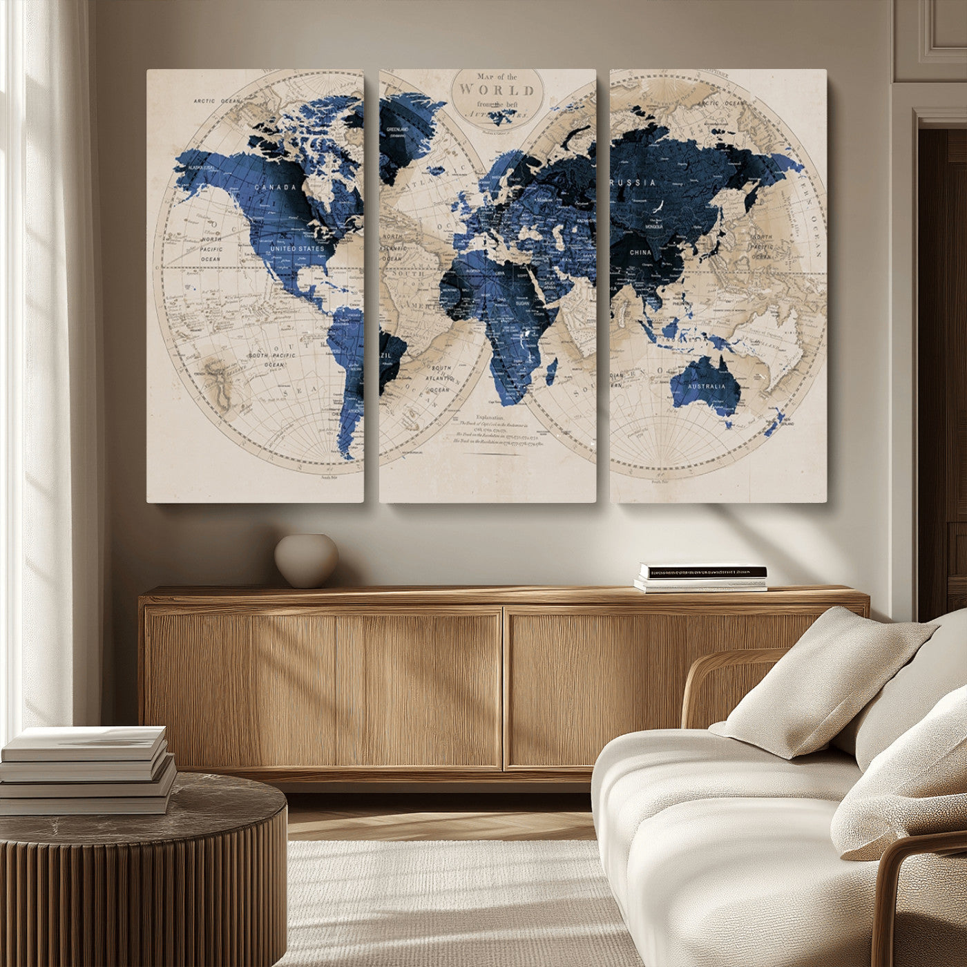 -Vintage Blue World Map Canvas Wall Art – Antique Style Framed Map Print, Elegant Travel Decor for Home Office or Study