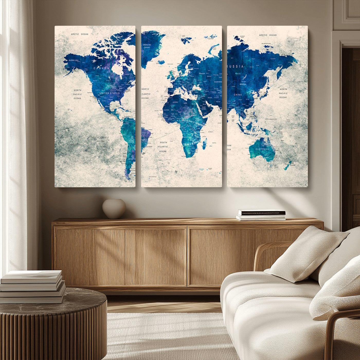 43947-MGV-CV-36X24-Blue Watercolor World Map Canvas Print – Framed Modern Wall Art, Elegant Push Pin Travel Map Decor for Home Office or Living Room
