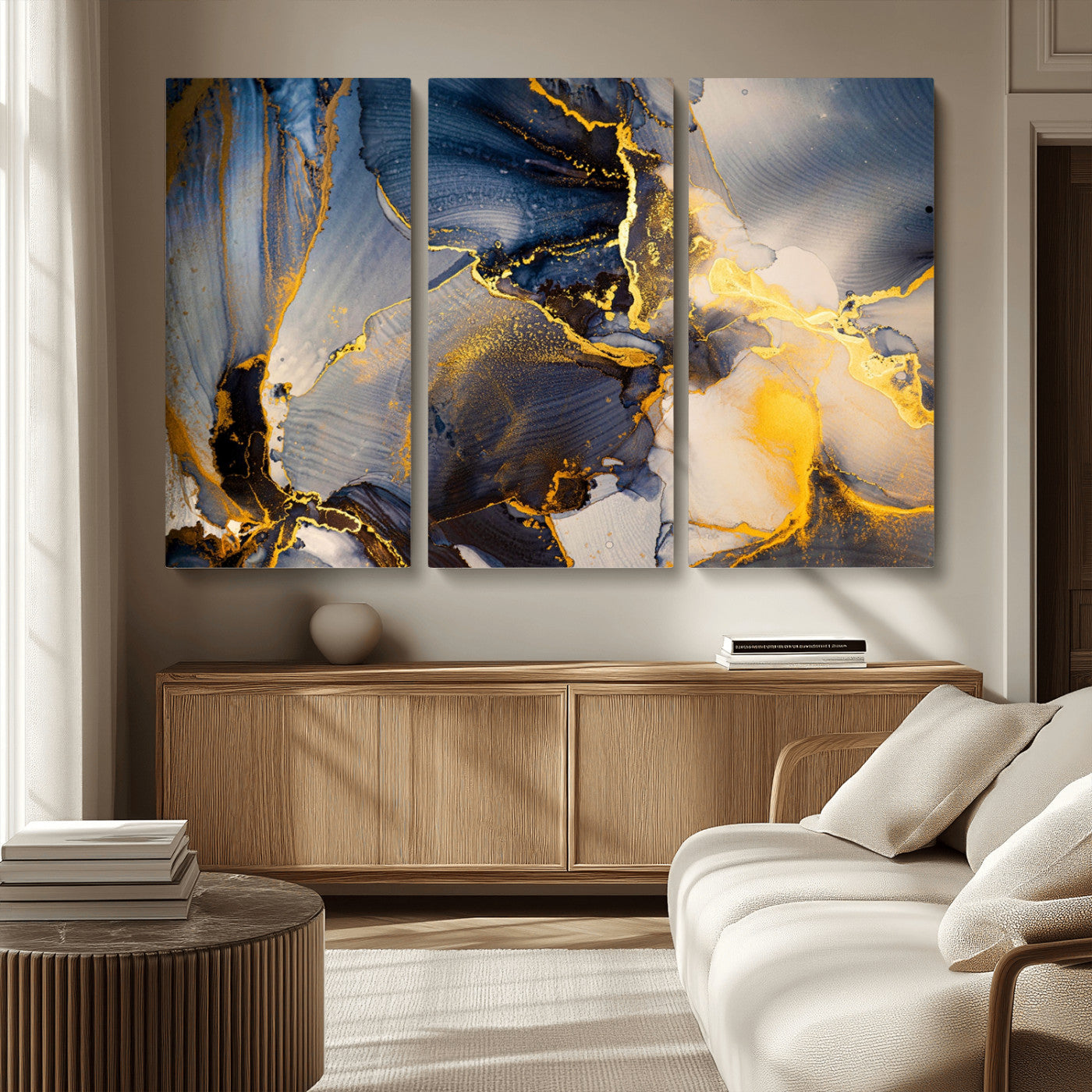 42100-MGV-CV-36X24-Large Abstract Wall Art Print - Gold and Blue Abstract Canvas Wall Art | Fluid Ink Modern Luxury