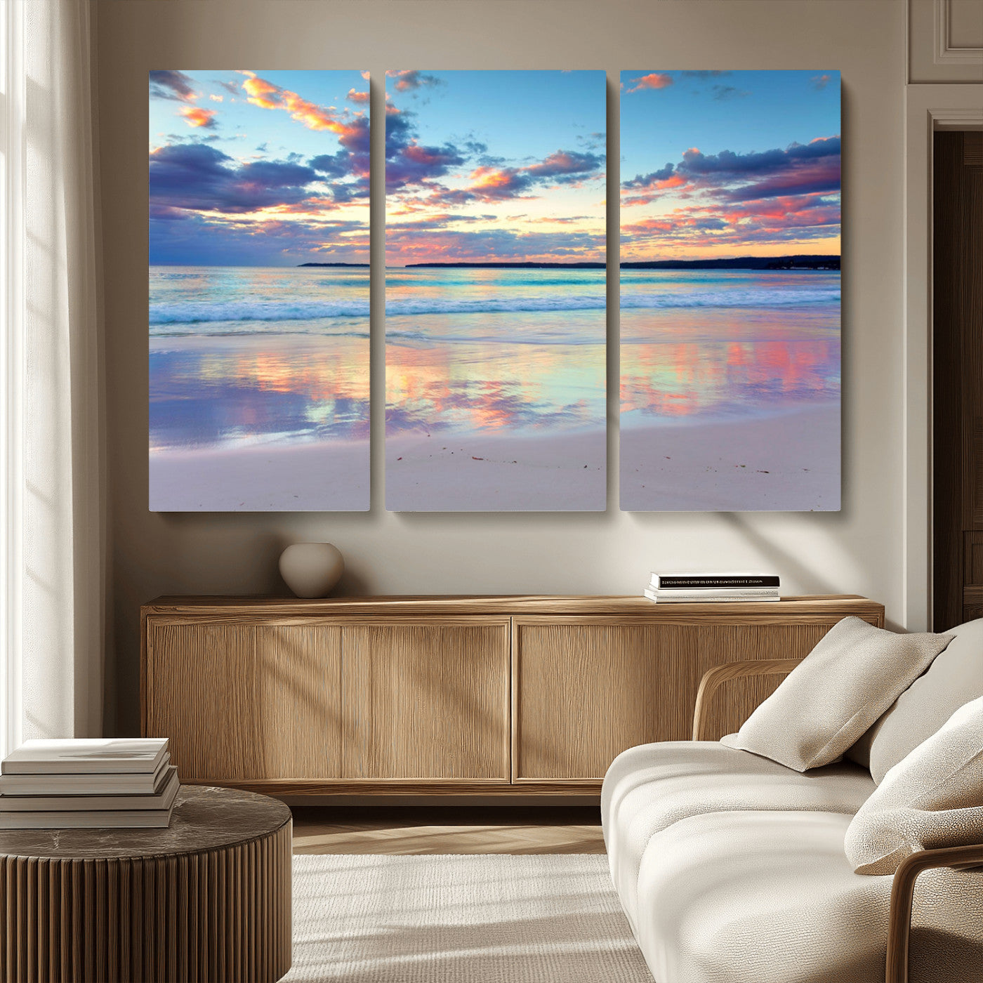 -Tranquil Pastel Sunset Beach Triptych Canvas Art, Soothing Coastal Ocean Shoreline Giclee Print,