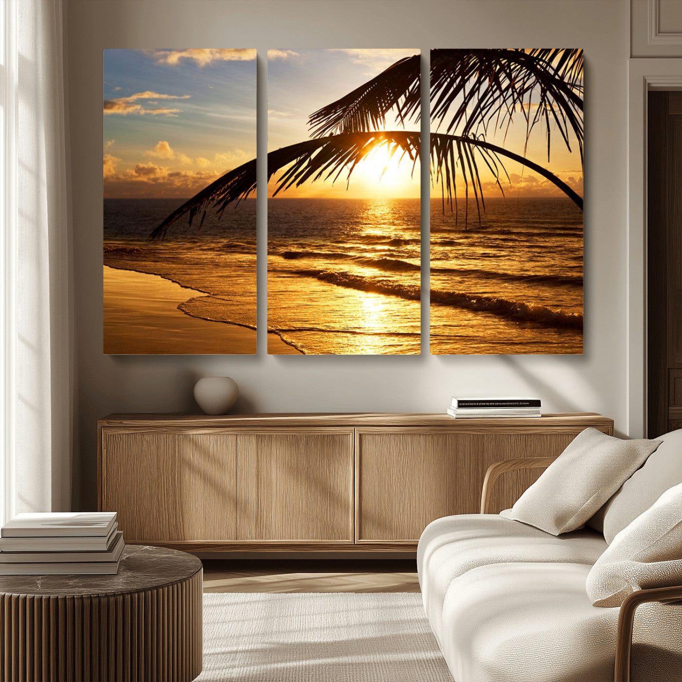 -Golden Tropical Beach Sunset Canvas Triptych, Coastal Palm Tree Wall Art, Ocean Shoreline Giclee