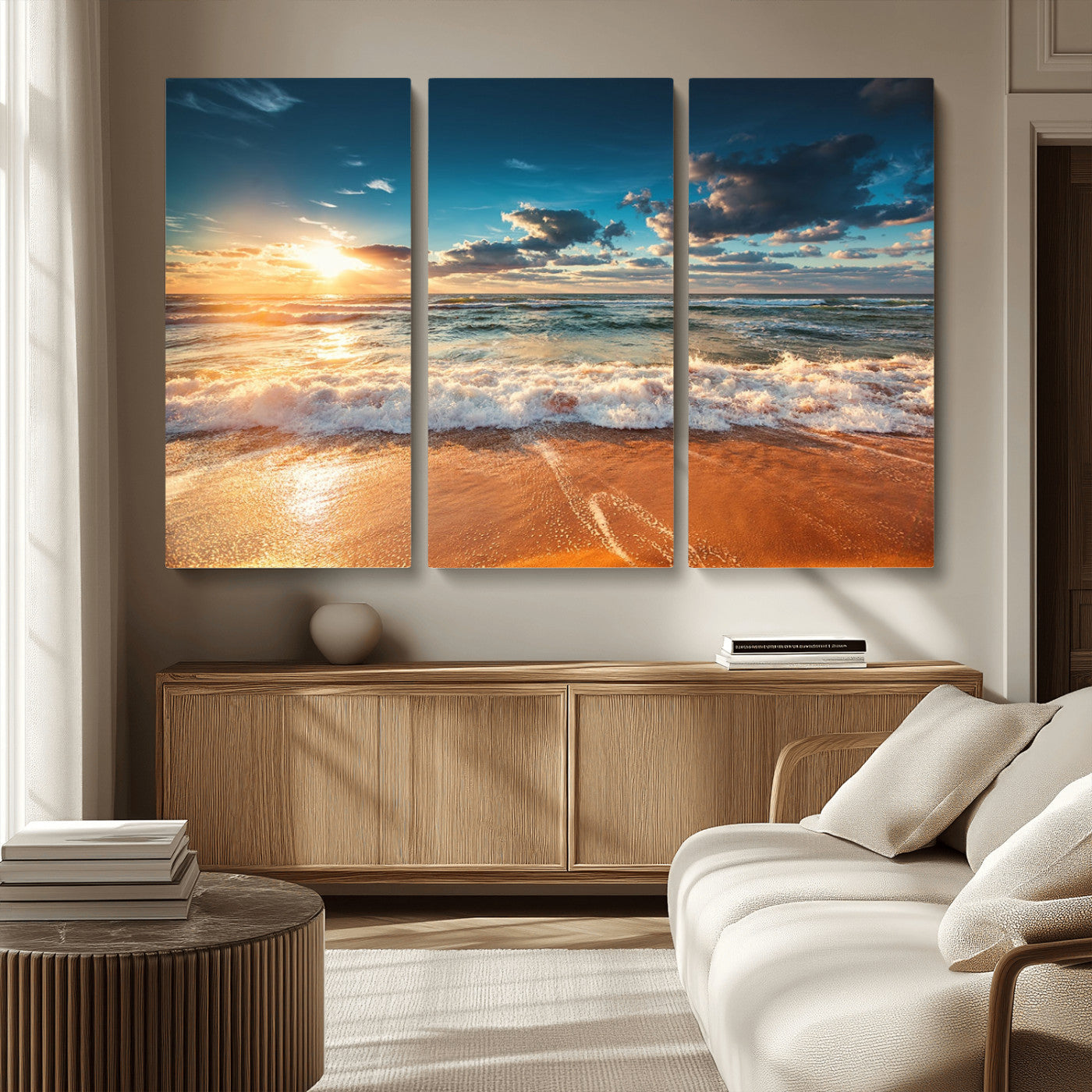 -Golden Sunset Beach Triptych Canvas Art, Giclee Coastal Wall Decor, Ocean Waves Print, Modern Beach
