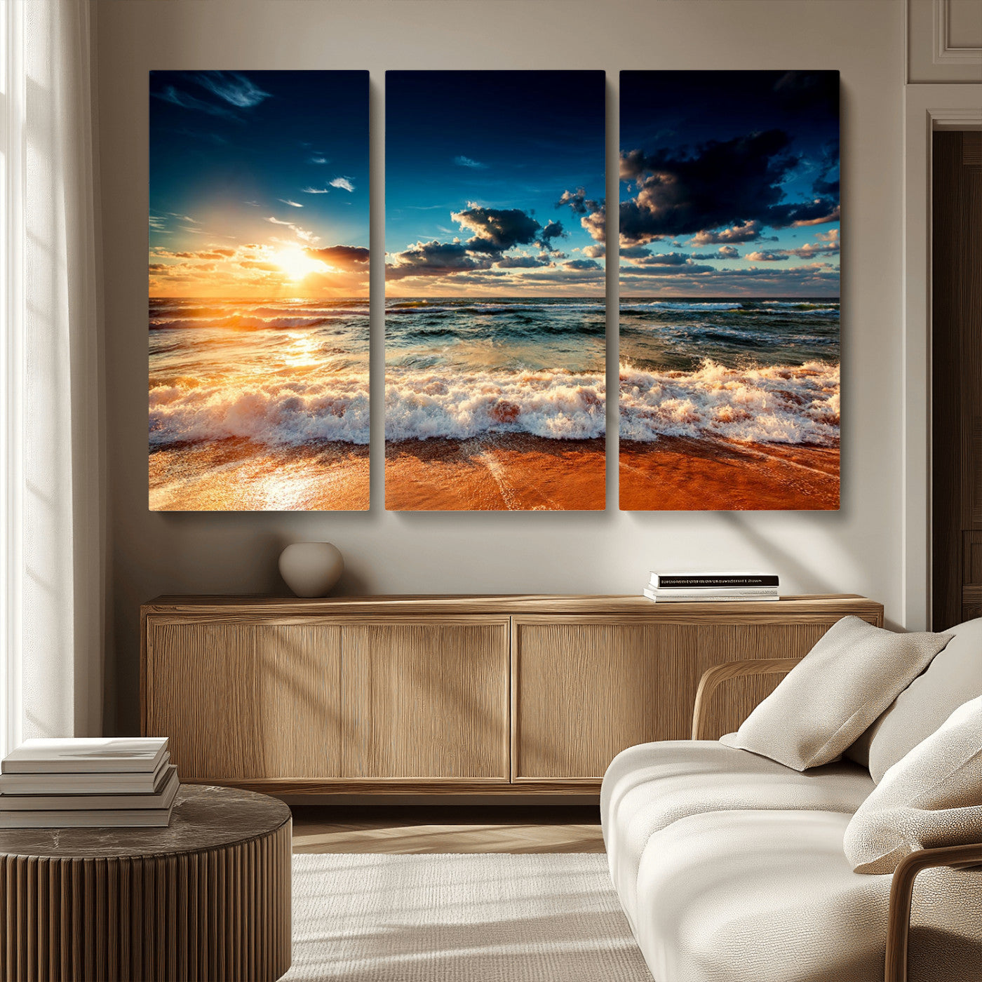 -Golden Hour Sunset Over Ocean Waves Wall Art Canvas Print | 3 Panel Coastal Landscape Canvas Wall