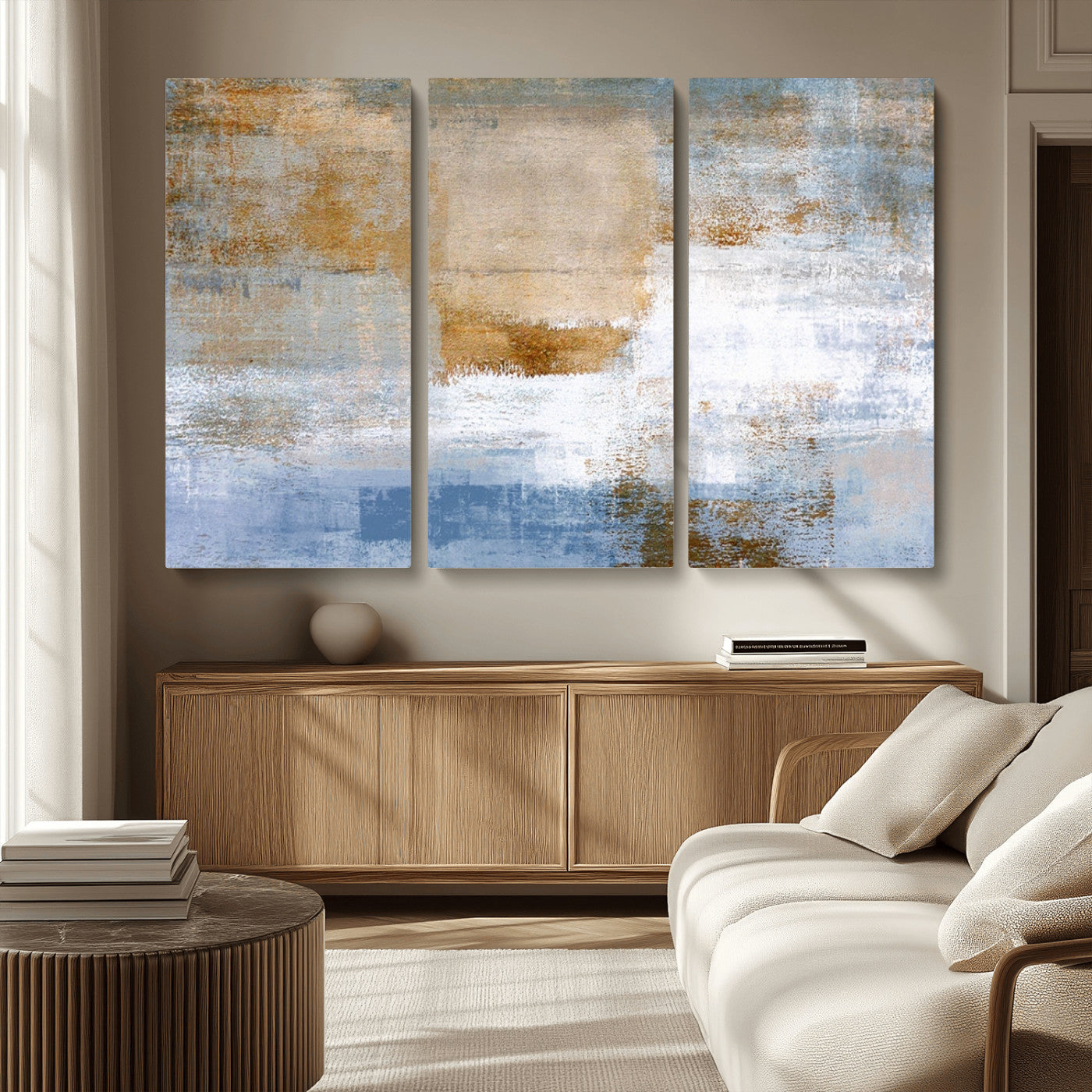 72354-MGV-CV-36X24-Blue Multi Panel Abstract Wall Art Canvas, Abstract Blue and Gold Canvas Print