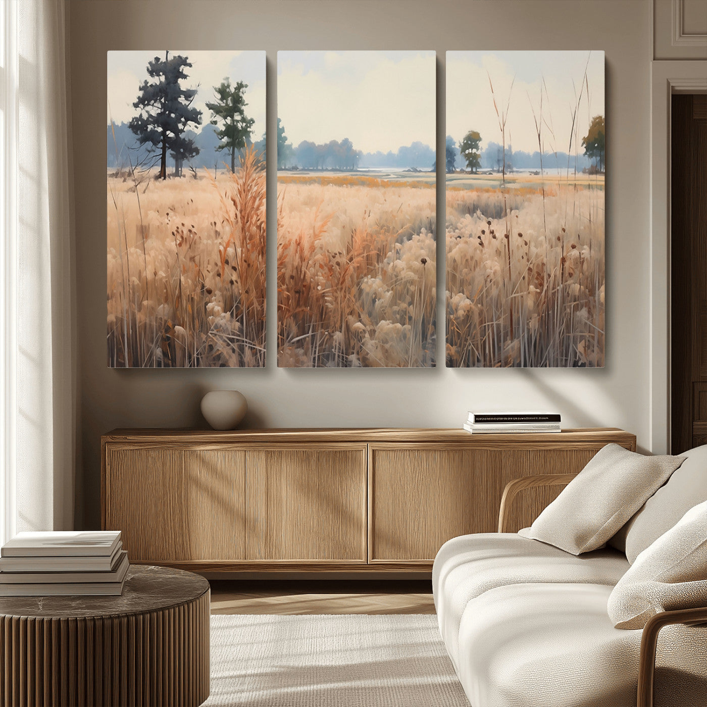 98822-MGV-CV-48X32-3P-Golden Fields Canvas Wall Art Print – Serene Landscape of Nature’s Tranquility in Minimalist Modern