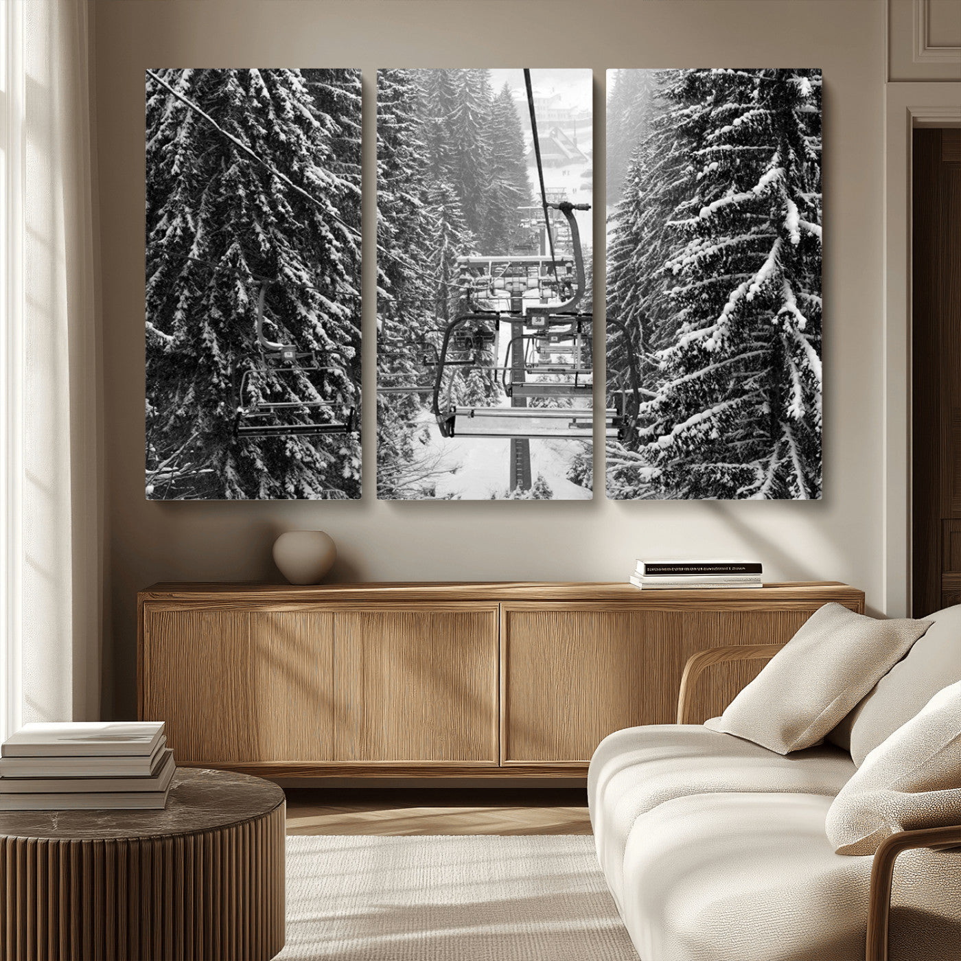 19240-MGV-CV-36X24-Winter Ski Lift Black and White Canvas Wall Art – Alpine Escape in Minimalist Style – Winter Ski