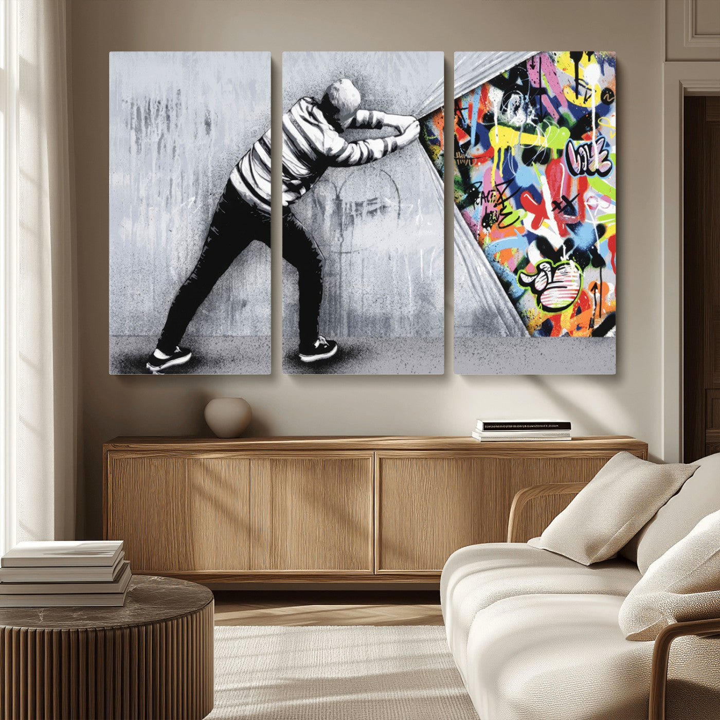 52252-MGV-CV-36X24-Banksy Art Behind the Curtain Street Wall Art Canvas Print | 3-Panel Urban Graffiti-Inspired Wall