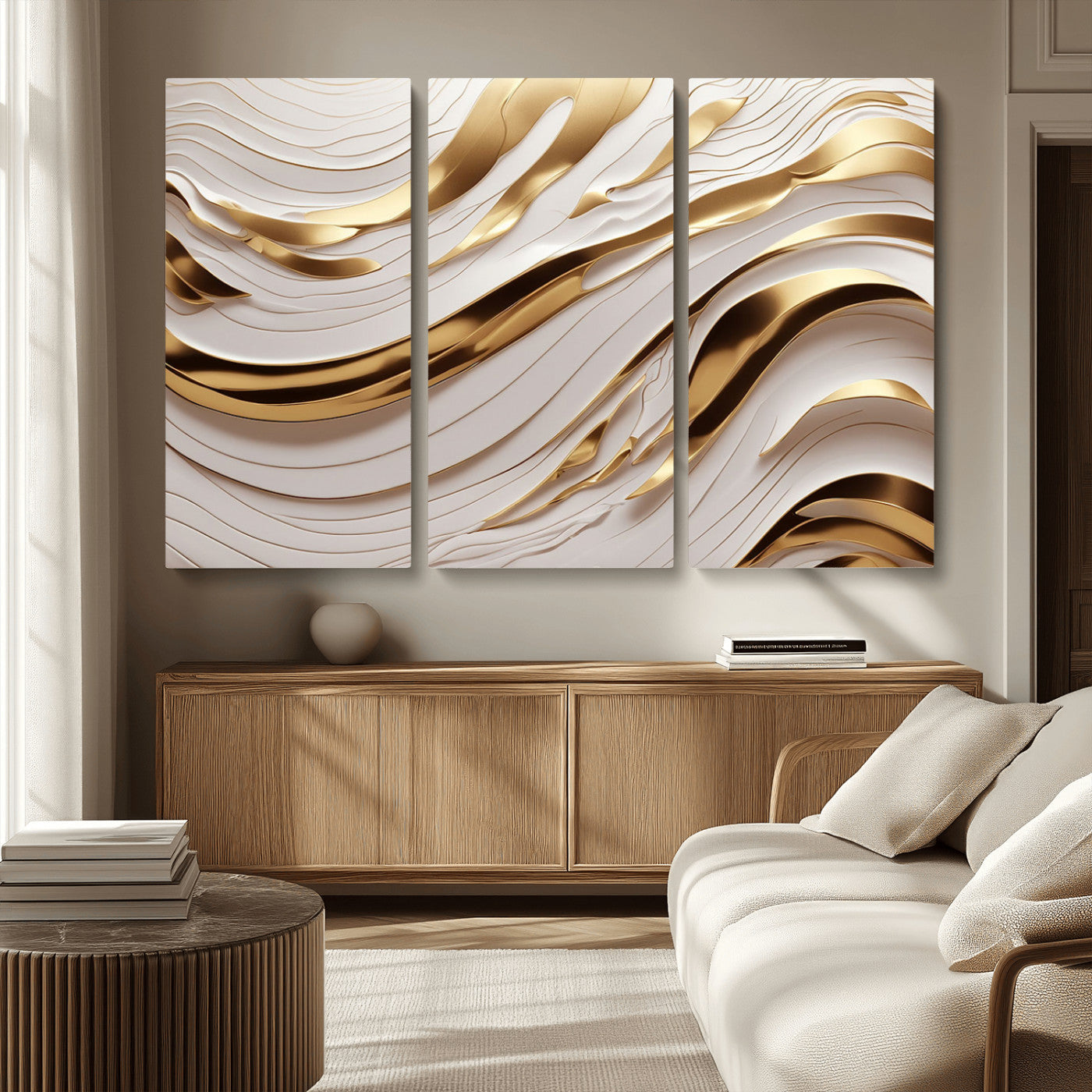 81197-MGV-CV-36X24-Gold and White Abstract Wave Canvas – Elegant Flowing Design with Luxurious Golden Accents –