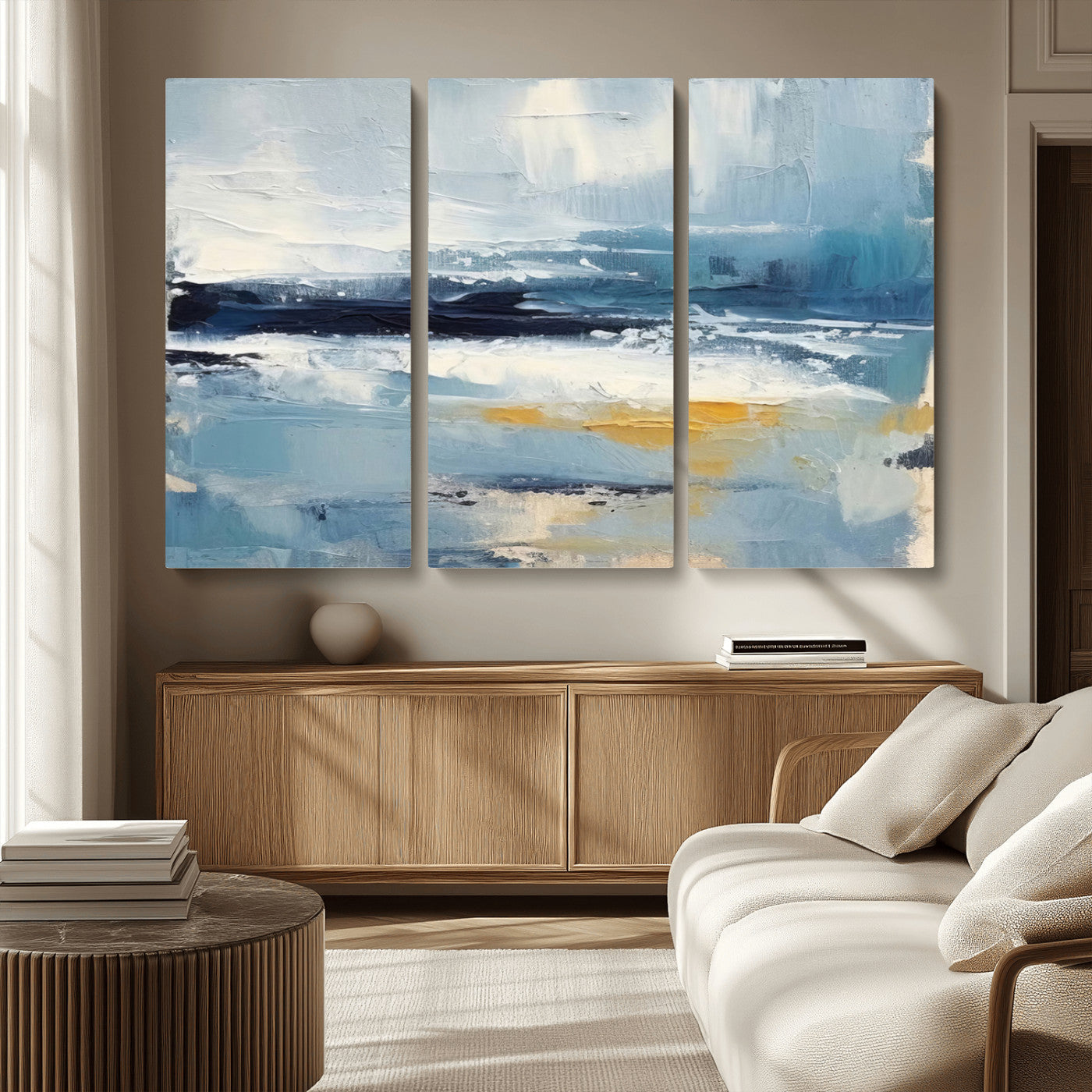 19746-MGV-CV-36X24-Abstract Ocean Canvas Wall Art - Coastal Blue and Gold Textured Painting, Modern Seascape Decor for