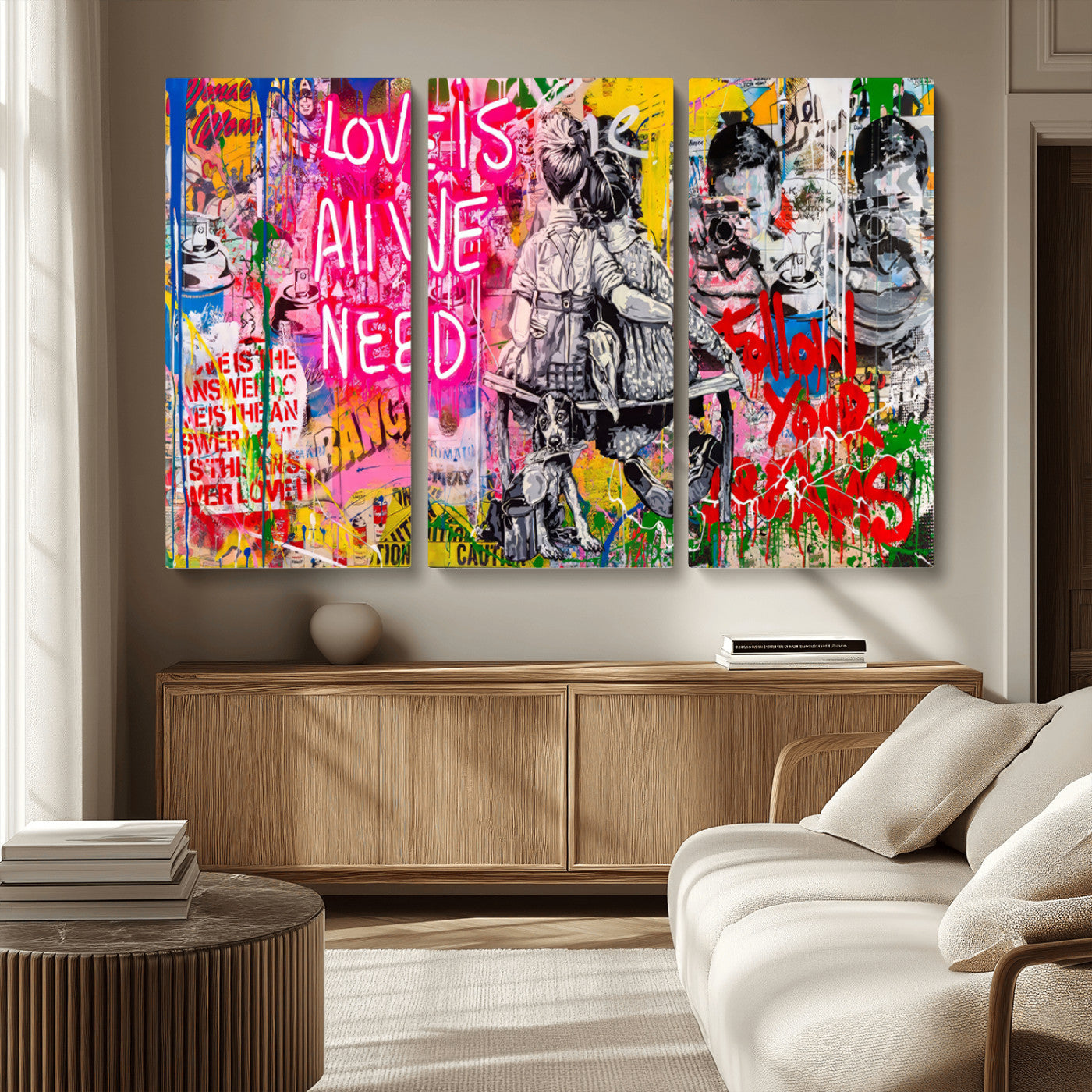 67019-MGV-CV-36X24-Follow Your Dreams & Love is All We Need Graffiti Street Art Triptych | Colorful Urban Wall Art