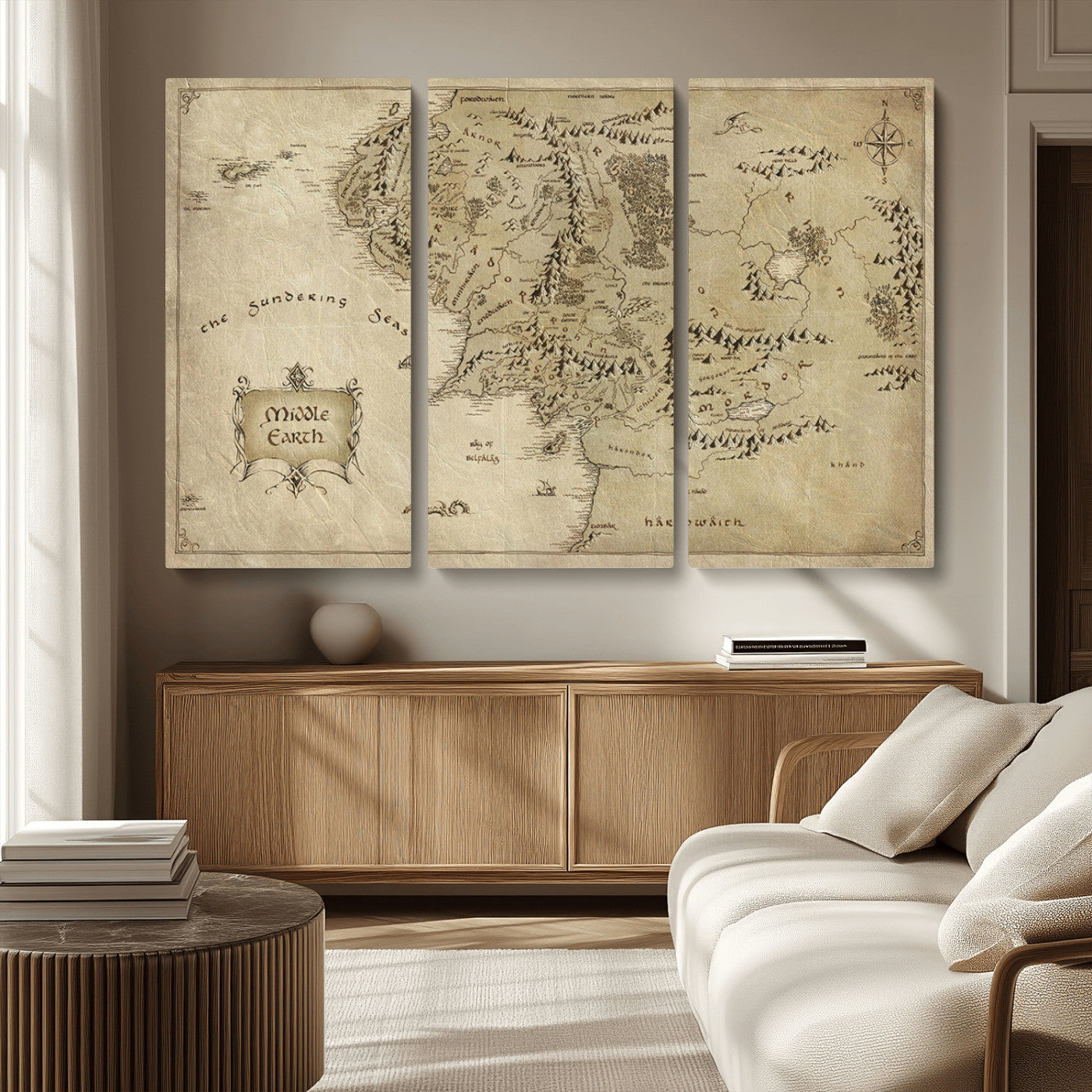 21784-MGV-CV-36X24-Vintage Middle Earth Map Wall Art Canvas – Lord of the Rings Inspired Framed Map Print, Classic Fantasy Decor for Home, Office