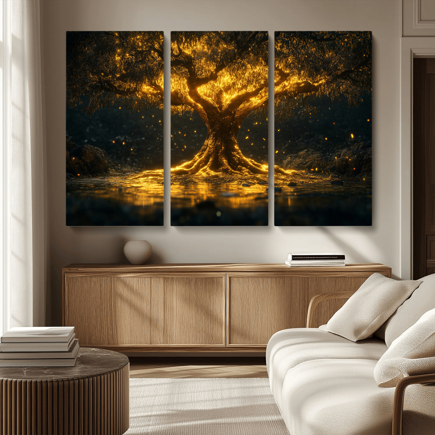 59580-MGV-CV-48X32-3P-Golden Tree of Life Canvas Wall Art Print - Majestic Glowing Tree Wall Art Print
