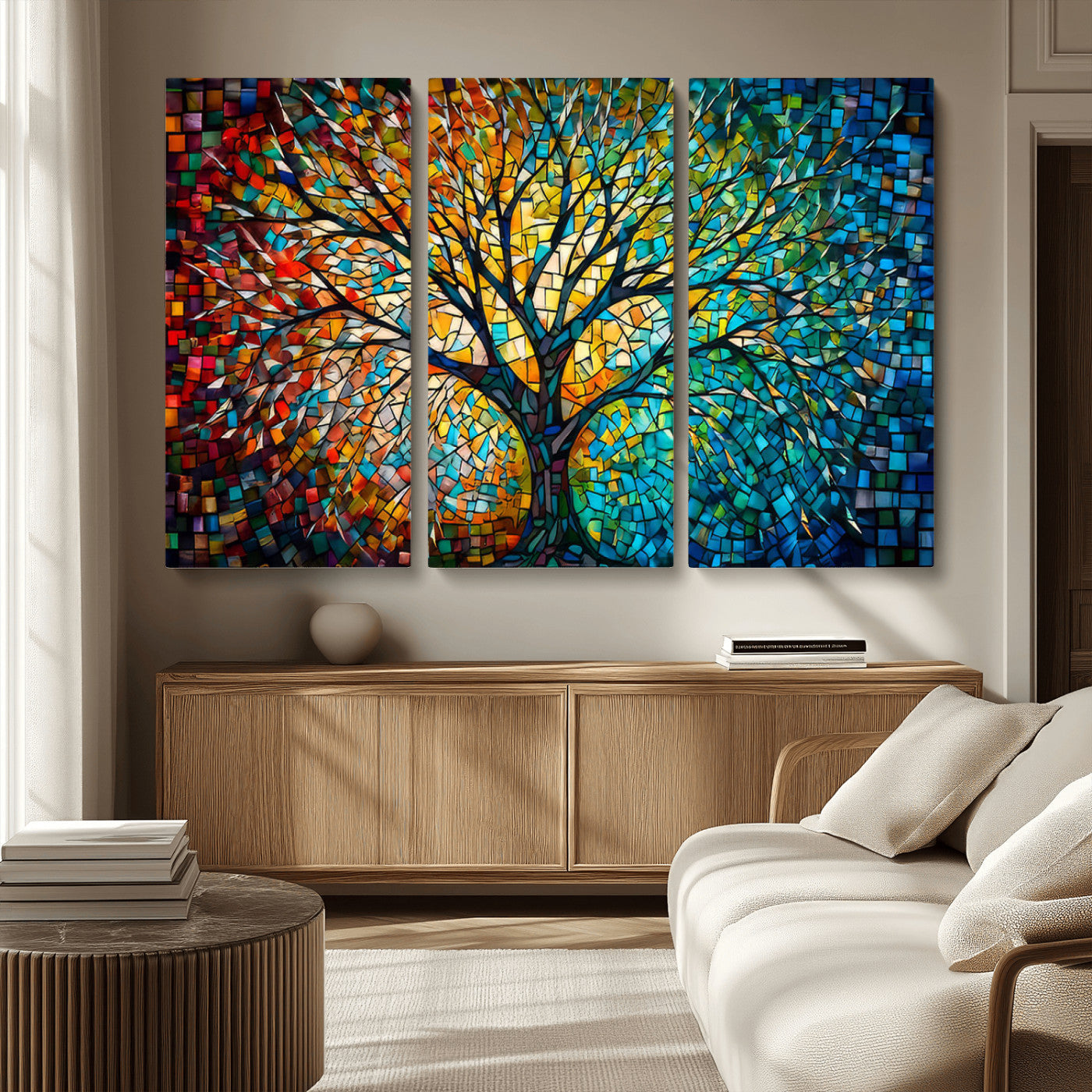 99325-MGV-CV-36X24-Yggdrasil Tree of Life Wall Art Print Canvas | Mosaic Style 3-Panel Canvas Print