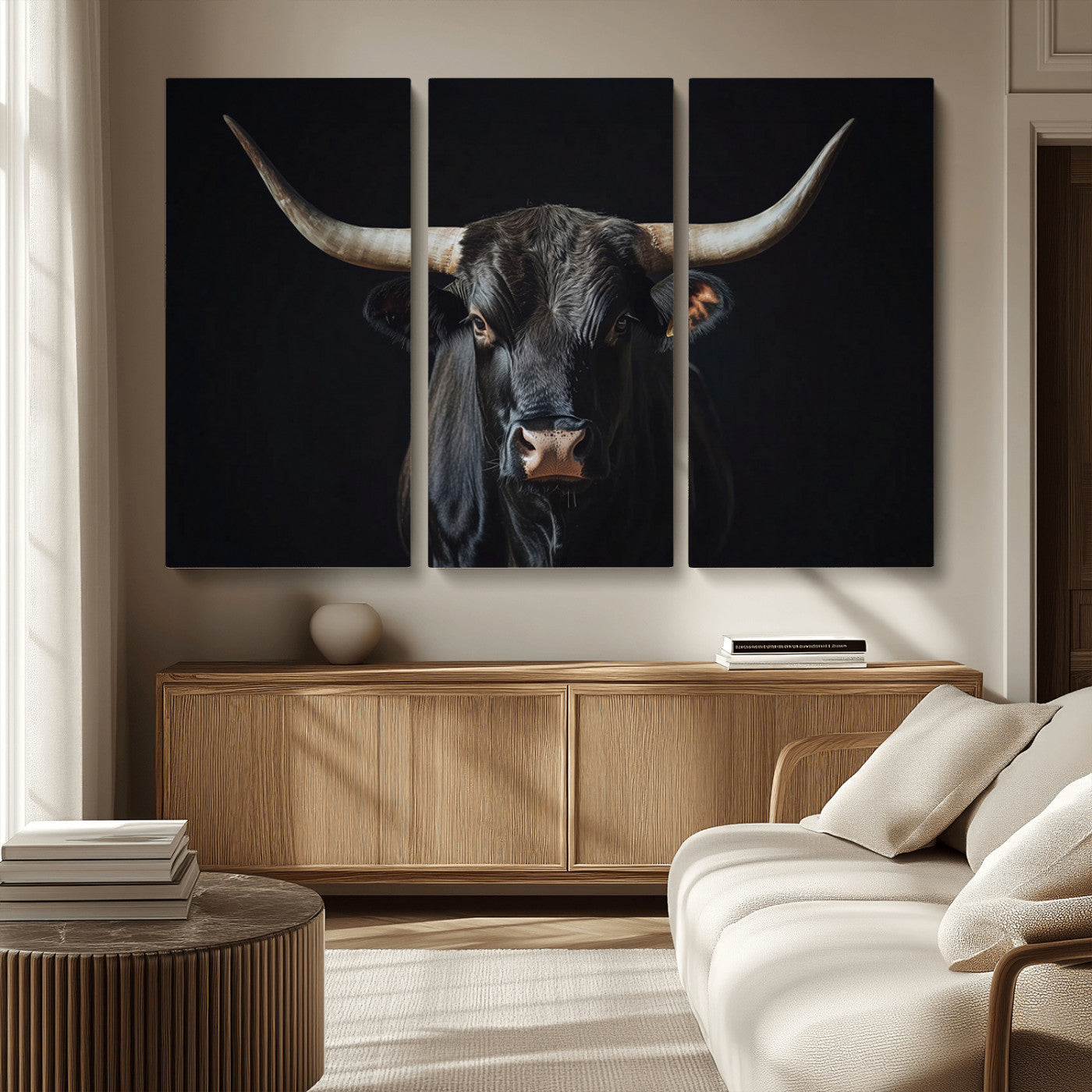 48065167-MGV-CV-36X24-Majestic Longhorn Bull Wall Art Canvas Print – Dark Background Western Ranch Portrait Artwork for Home, Office