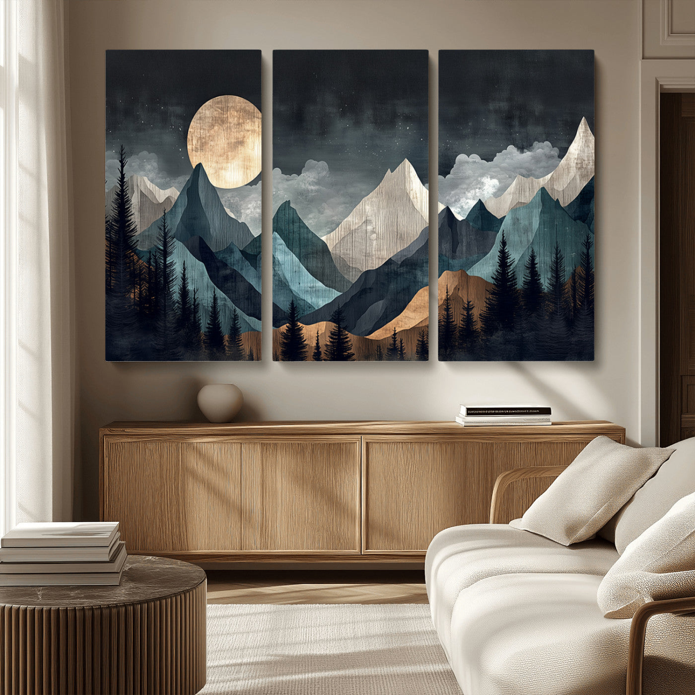 11060882-MGV-CV-36X24-Moonlit Mountain Wall Art Canvas Print – Silhouetted Pines Layered Peaks Tranquil Sky Mist Silver Light Nature Artwork for Home