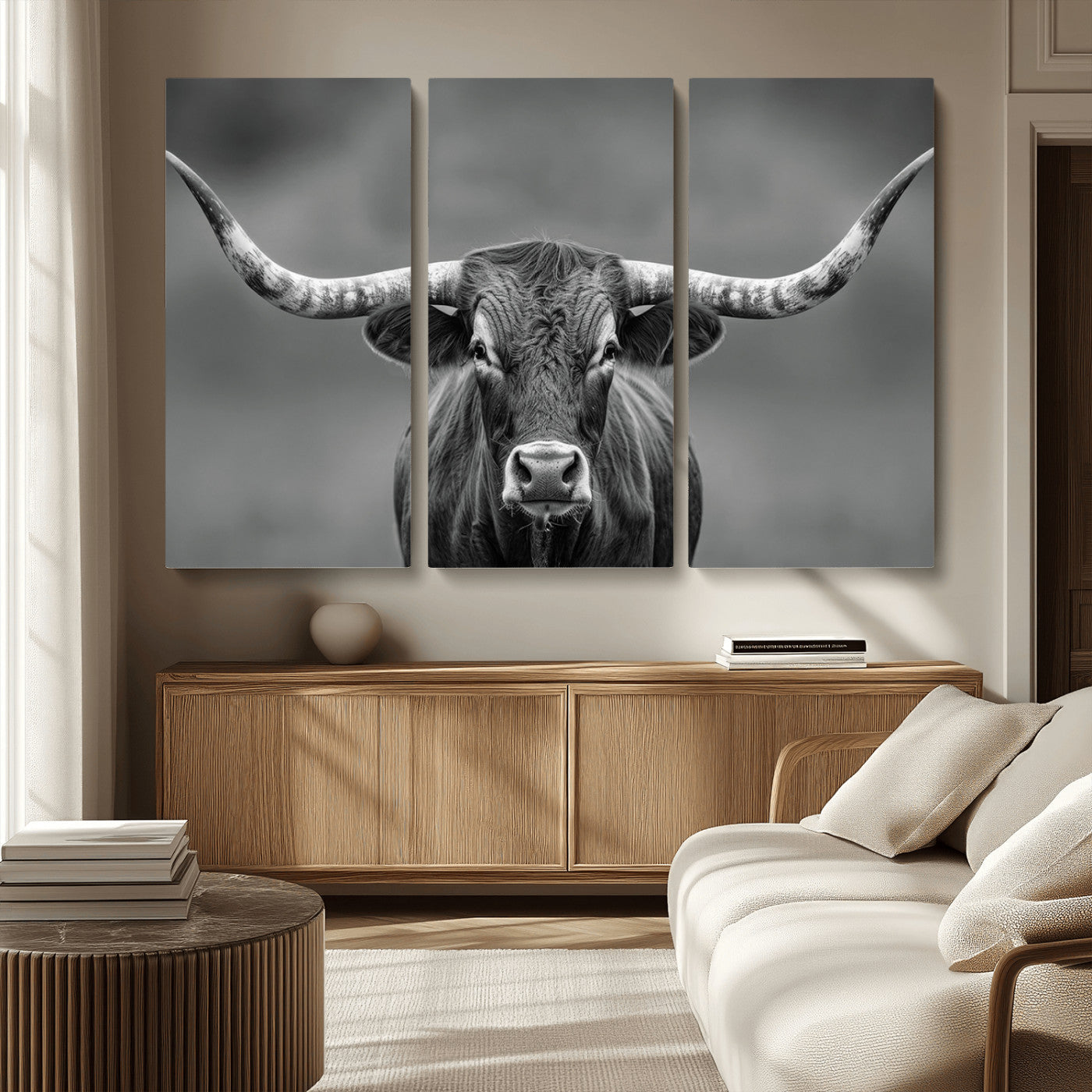 -Framed Texas Longhorn Bull Art Canvas Print, Western Bull Wall Art Print, Long Horn Bull Photo Print