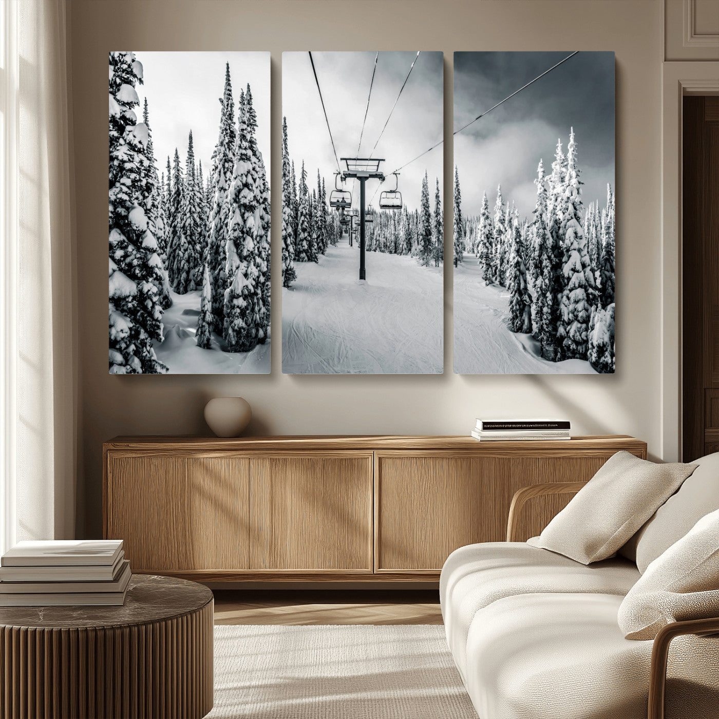 31156828-MGV-CV-36X24-Snowy Pines Wall Art Canvas Print – Framed Ski Lift Winter Forest Snowy Landscape Moody Lodge Artwork for Home, Office