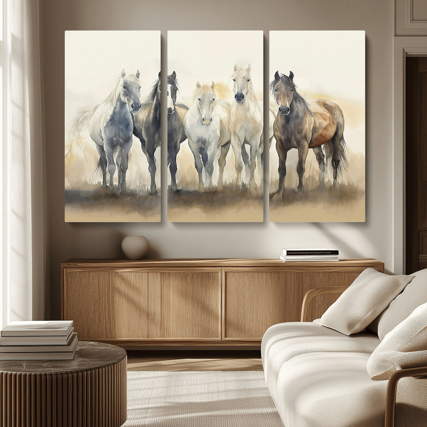 MGV-CV-48X32-3P - Wild Horses Wall Art Canvas Print, Framed Running Horses Art Picture Print, Watercolor Horses Perfect Rustic Western Decor Artwork