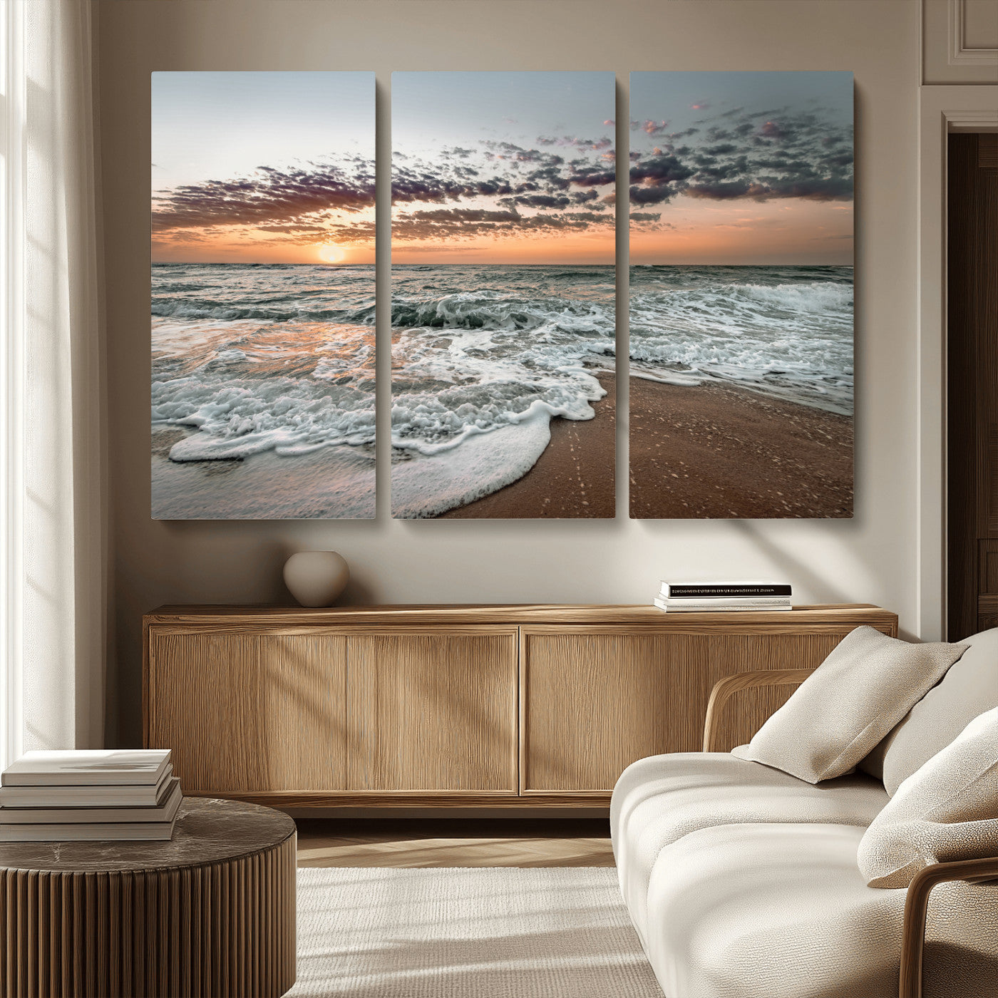 40632752-MGV-CV-36X24-Ocean Sunset Wall Art Canvas Print – Framed Beach Waves Scene with Coastal Artwork for Home, Office, Living Room