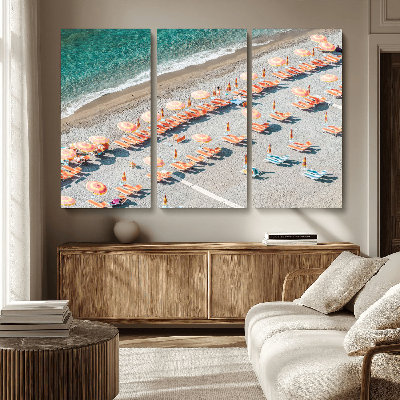 27805351-MGV-CV-36X24 - Beach Umbrellas Wall Art – Orange Loungers & Turquoise Water Canvas Print, Sandy Shore and Summer Vibes