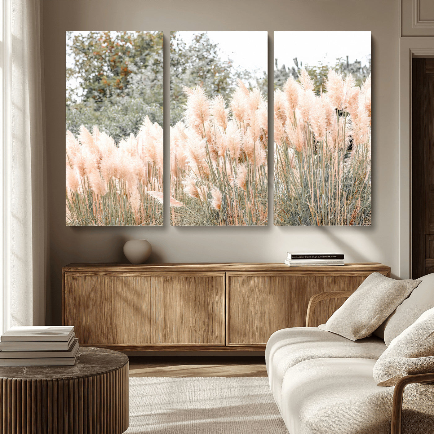 21826392-MGV-CV-36X24 - Pampas Grass Wall Art – Soft Blush Hues and Natural Texture Canvas Print, Serene Outdoors & Botanical Charm for Living Room or Nature Decor