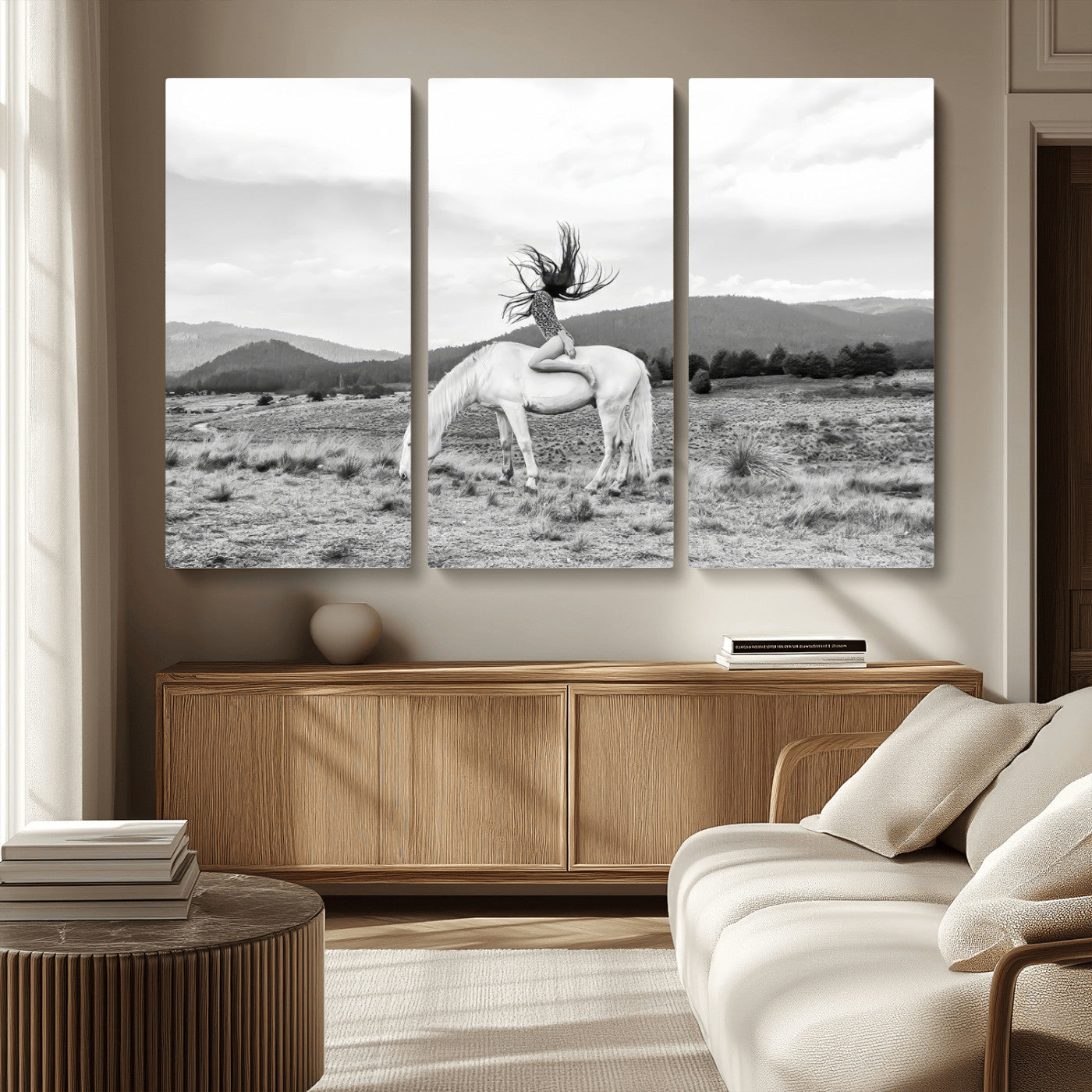 62789800-MGV-CV-36X24-White Horse Wall Art Canvas Print – Framed Woman Rider Equestrian Pose Western Boho Elegant Artwork for Home Office