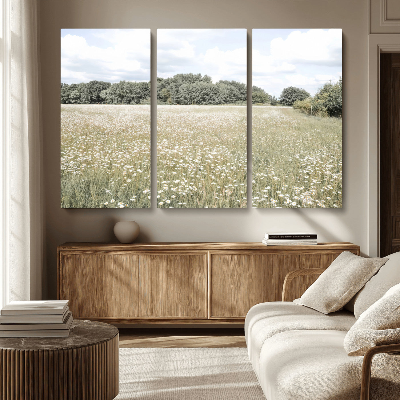 43258946-MGV-CV-36X24-Charming Daisy Field Wall Art Canvas Print – Framed Pastel Flower Meadow Bloom Scandinavian Minimal Artwork for Home Office