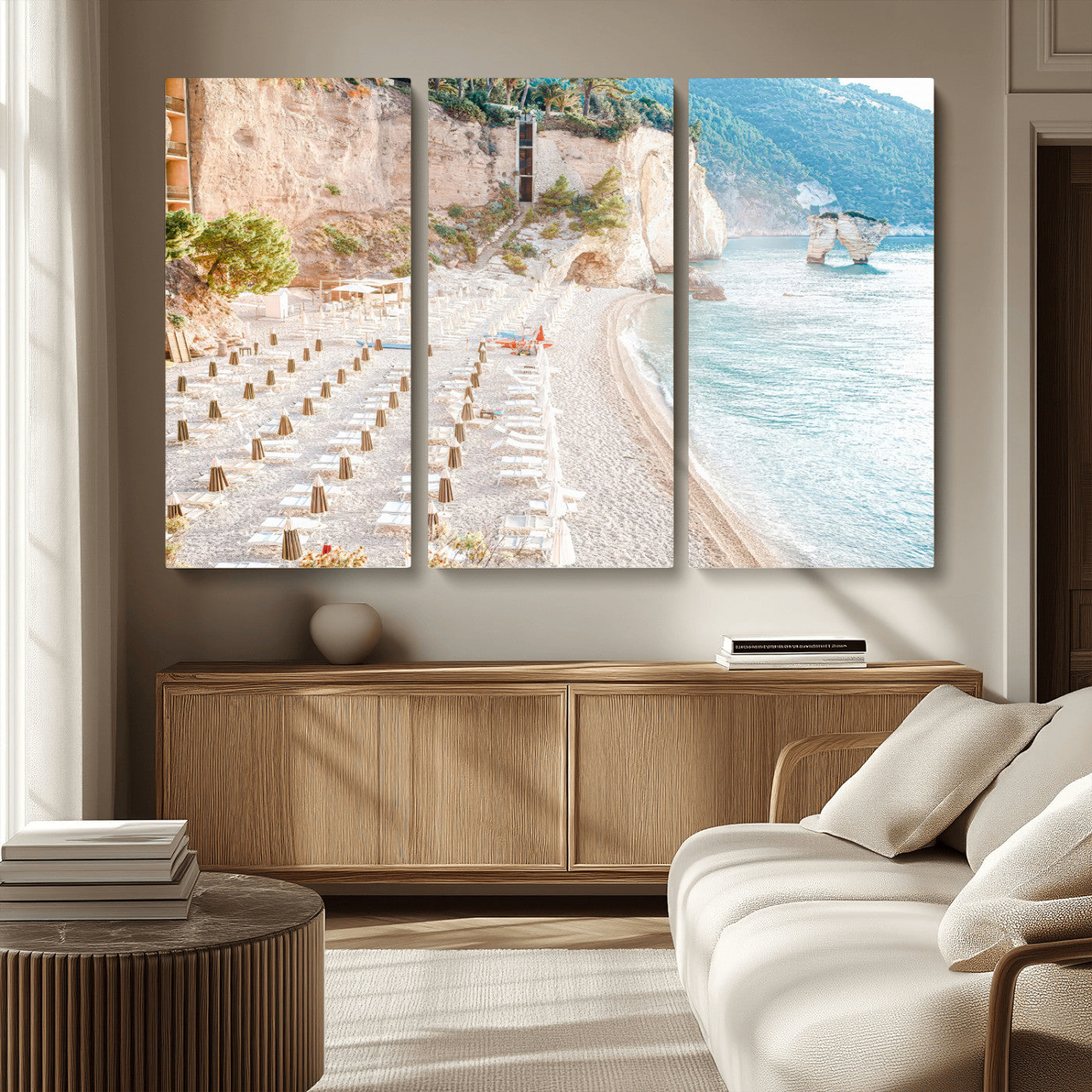 84816639-MGV-CV-36X24 - Sunny Beach Wall Art – Chairs & Umbrellas Canvas Print, Clear Water, Rocky Cliffs, Coastal Calm for Living Room or Vacation Home Decor