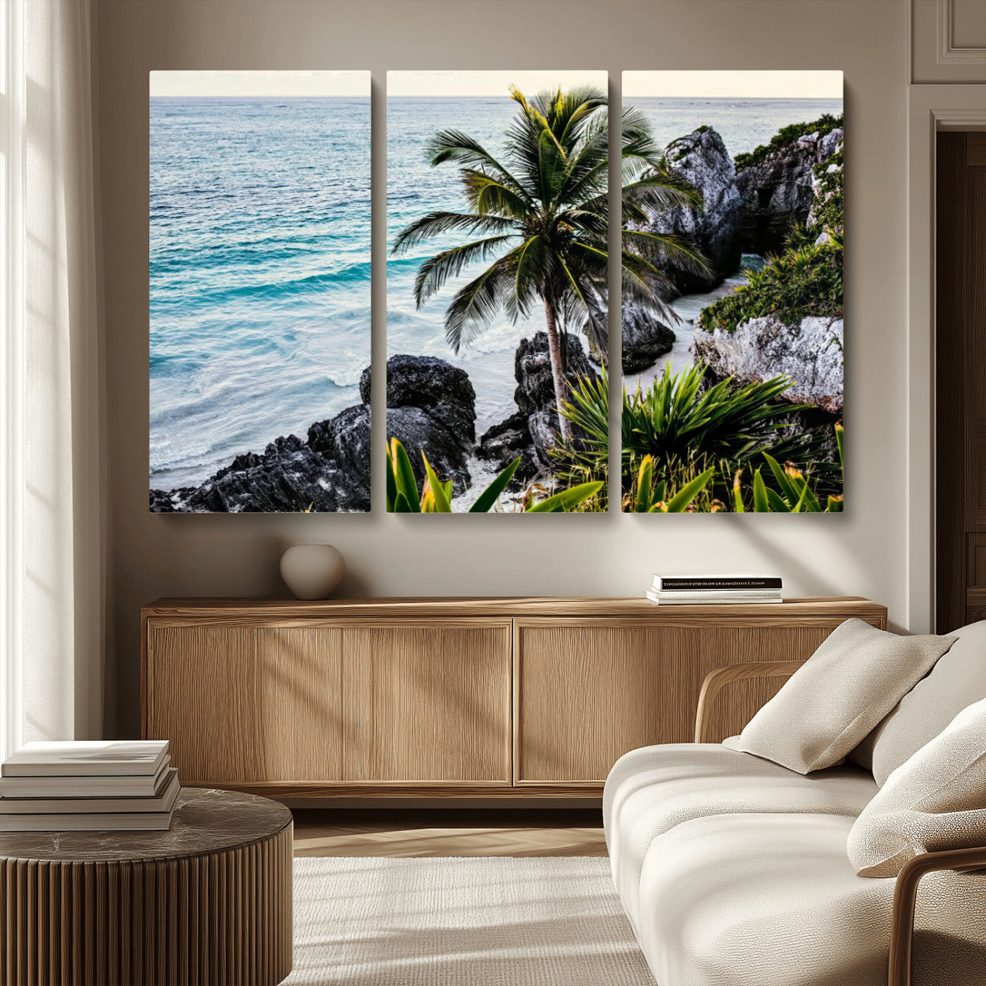 94669907-MGV-CV-36X24 - Tropical Palm Wall Art – Coastal Rocks Canvas Print, Ocean Breeze, Sandy Shore, Vibrant Green Foliage for Living Room or Beach House Decor
