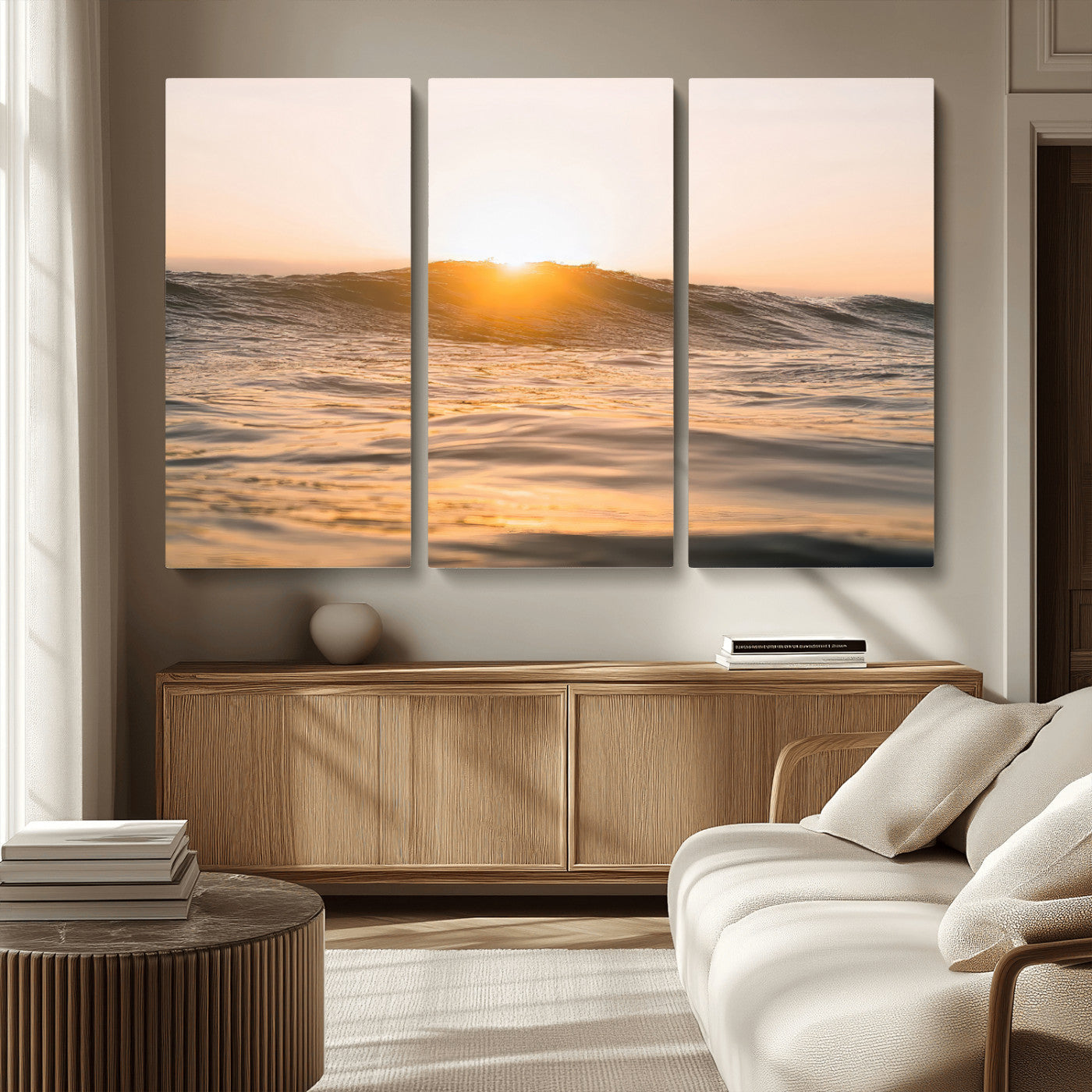 16973771-MGV-CV-36X24-Calm Water Wall Art – Framed Sunset Waves Canvas Artwork, Coastal Warm Design, Minimal Ocean Decor for Home, Office