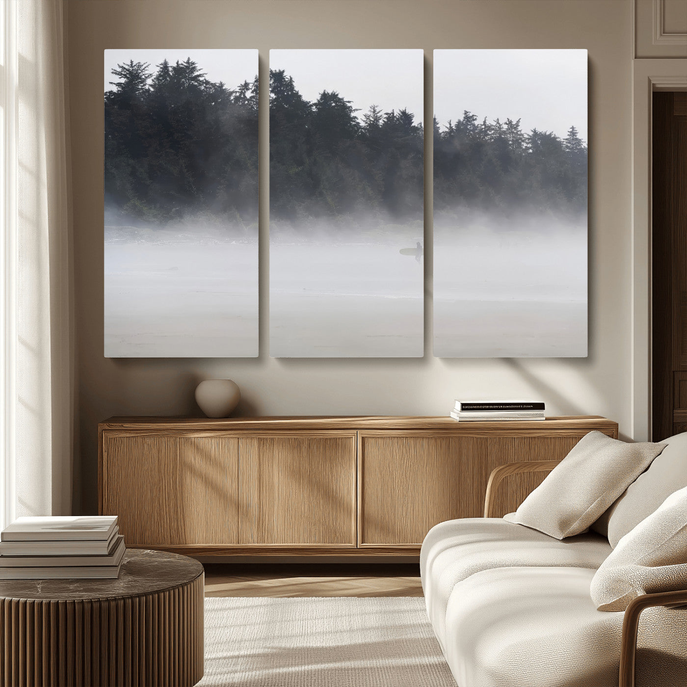 59703275-MGV-CV-36X24-Surfer Fog Wall Art Canvas Print – Framed Foggy Beach Scene with Coastal Surf Artwork for Home, Office, Living Room