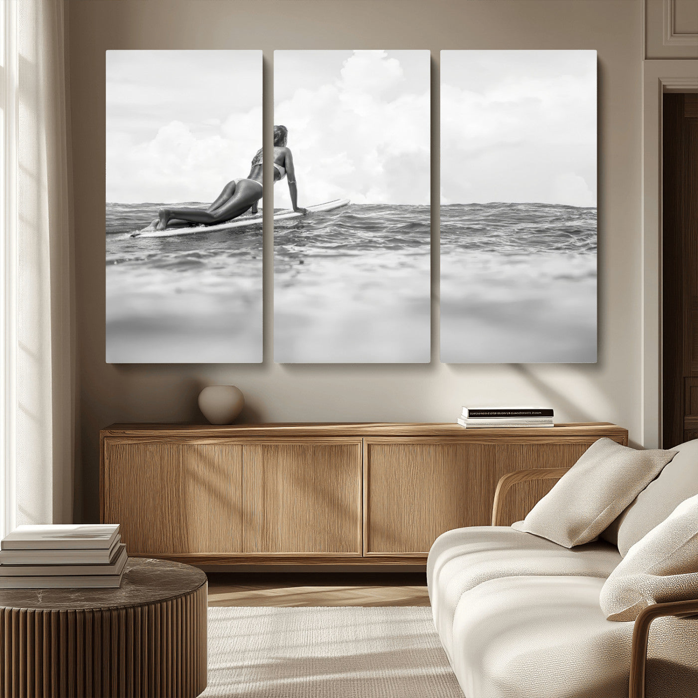 69798068-MGV-CV-36X24-Black and White Surfing Wall Art Canvas Print – Framed Ocean Horizon with Surfer Girl Coastal Adventure Artwork for Home, Office
