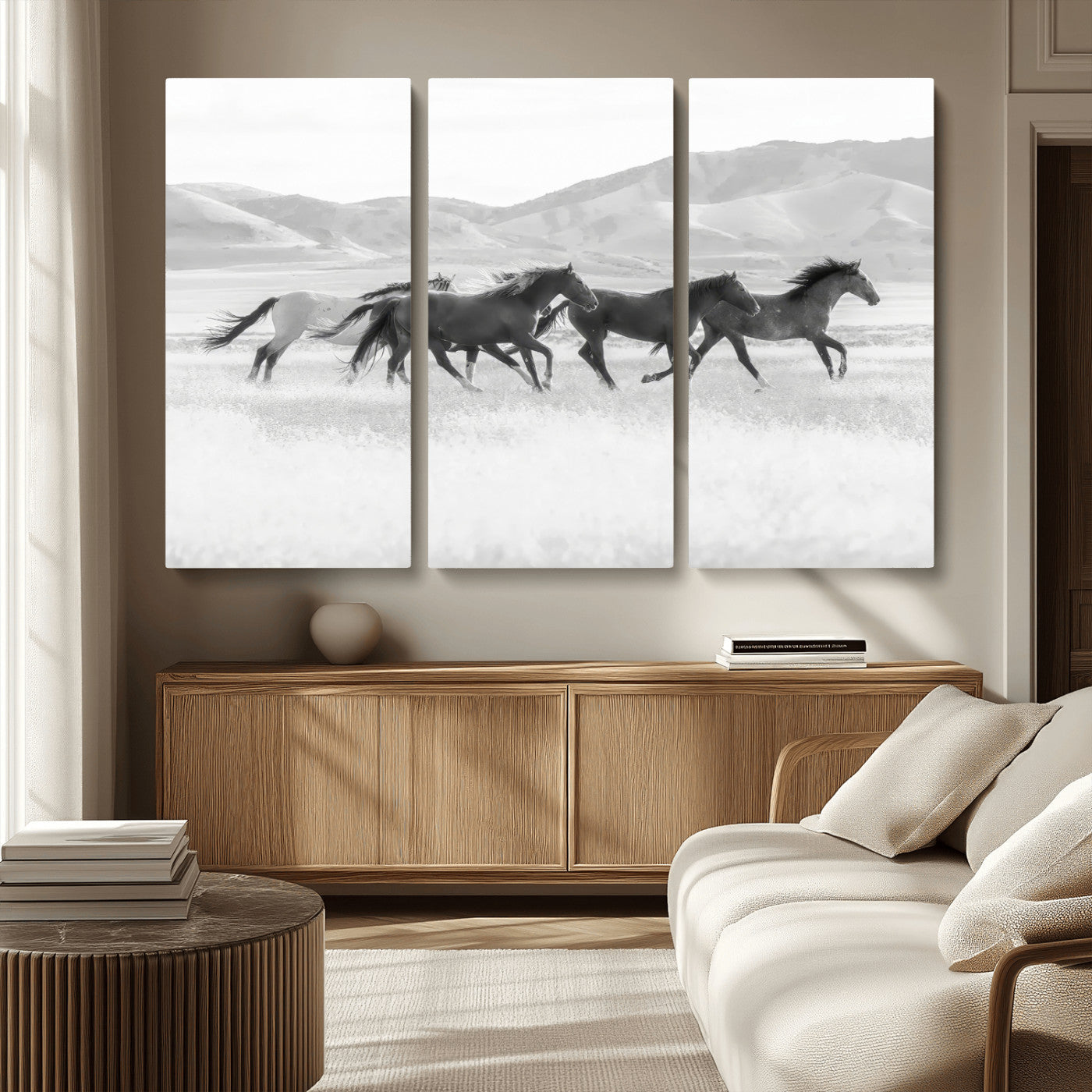MGV-CV-48X32-3P - Wild Horses Wall Art – Black & White Canvas Print of Herd Running, Nature in Motion, Freedom & Beauty Decor for Guest Room, Office or Living Room