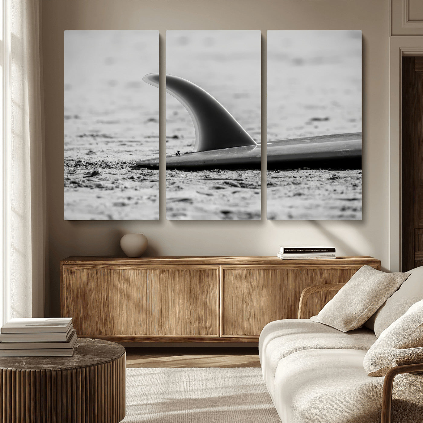 MGV-CV-48X32-3P - Black White Surfboard Wall Art Canvas Print, Framed Minimalist Beach Art Picture Print, Surf Fin Perfect Minimalist Coastal Decor Artwork