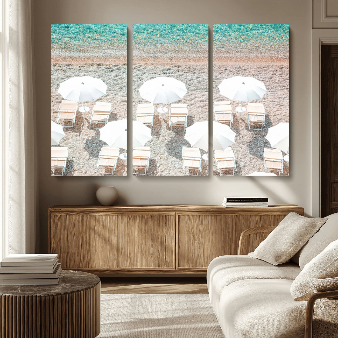 MGV-CV-48X32-3P - Calm Beach Wall Art Canvas Print, Framed Turquoise Water Art Picture Print, Umbrella Shoreline Perfect Coastal Minimalist Decor Artwork