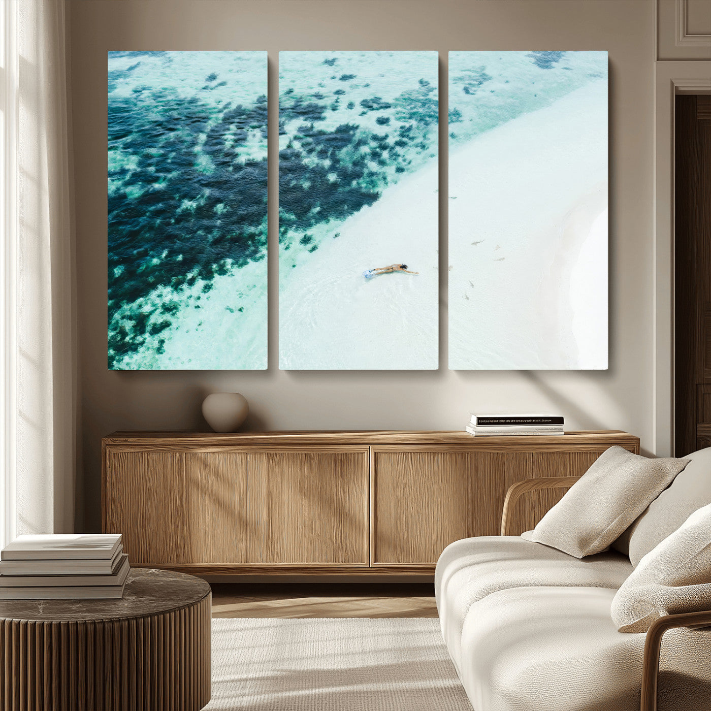 33764764-MGV-CV-36X24-Minimal Beach Wall Art – Framed Ocean Swimming Canvas Artwork, Clear Blue Sea Design, Modern Coastal Decor for Home, Office