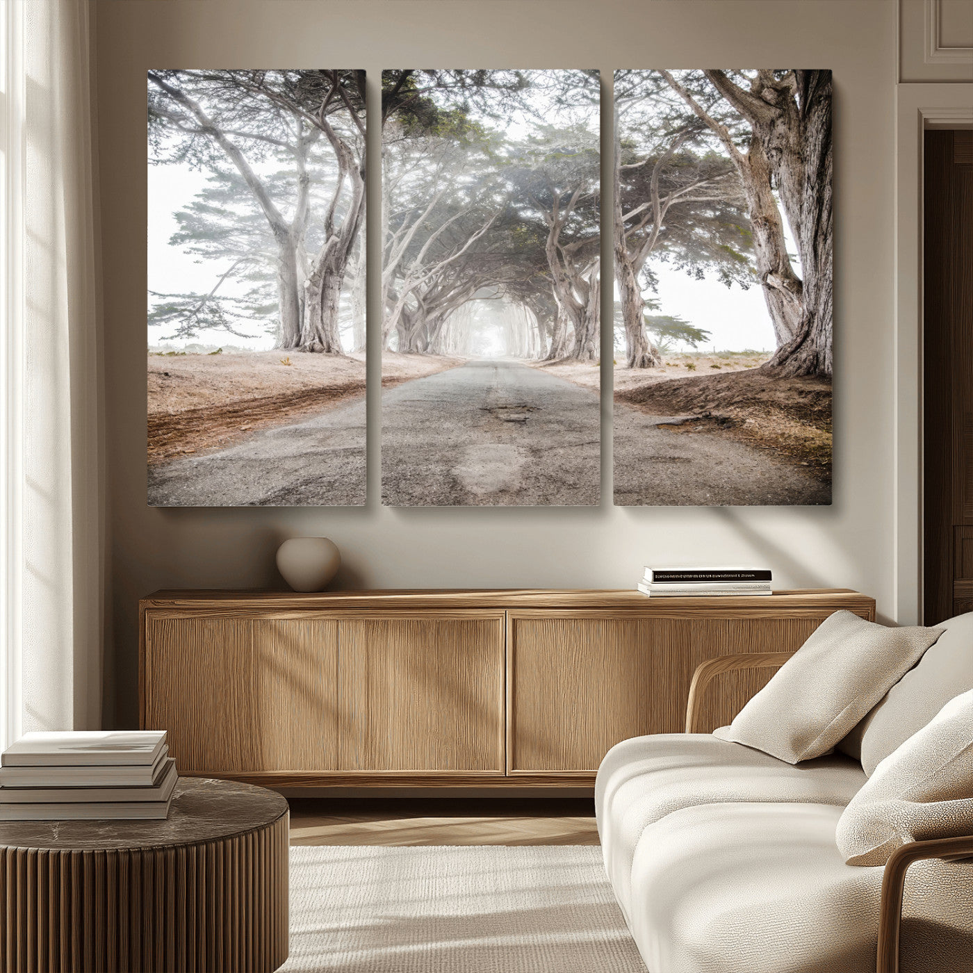 87090469-MGV-CV-36X24-Cypress Tunnel Wall Art – Framed Misty Road Canvas Artwork, Foggy Trees Design, Rustic Woodland Nature Decor for Home, Office