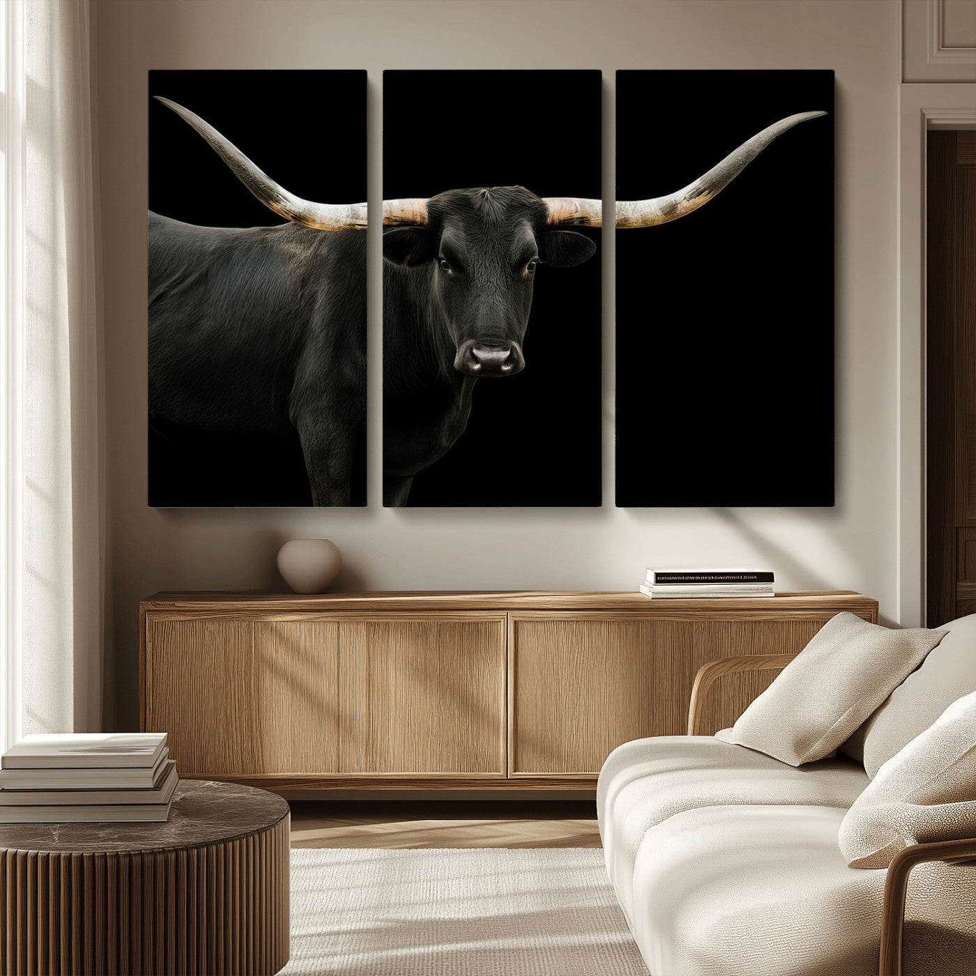 99448328-MGV-CV-36X24-Longhorn Cattle Wall Art Canvas Print – Framed Texas Ranch Scene with Western Cow Artwork for Home, Office, Living Room