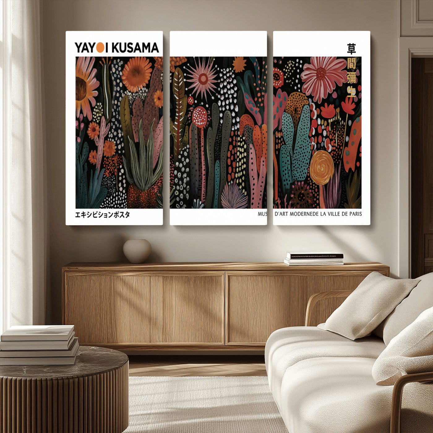 70632622-MGV-CV-36X24-Modern Japanese Wall Art Canvas Print – Framed Abstract Mount Fuji Scene with Yayoi Kusama Artwork for Home, Office