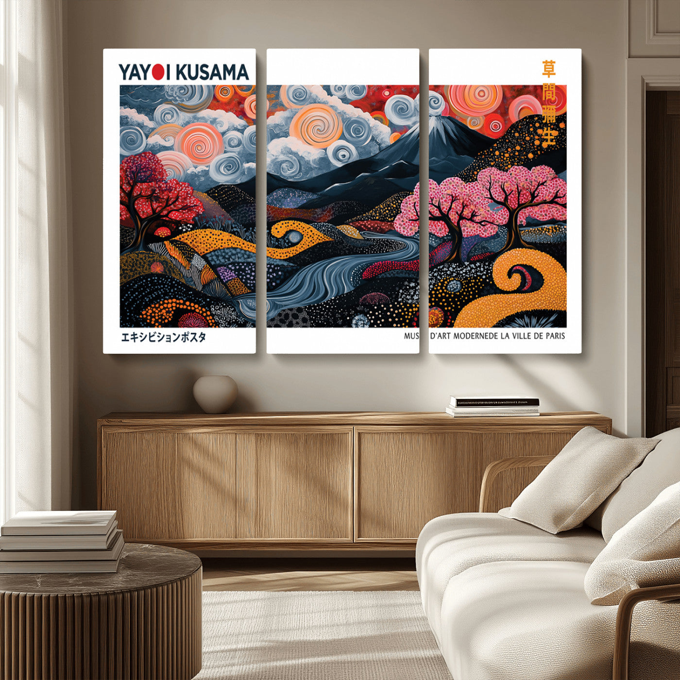 -Modern Japanese Wall Art Print Yayoi Kusama Canvas Wall Art Abstract Mount Fuji Canvas Print