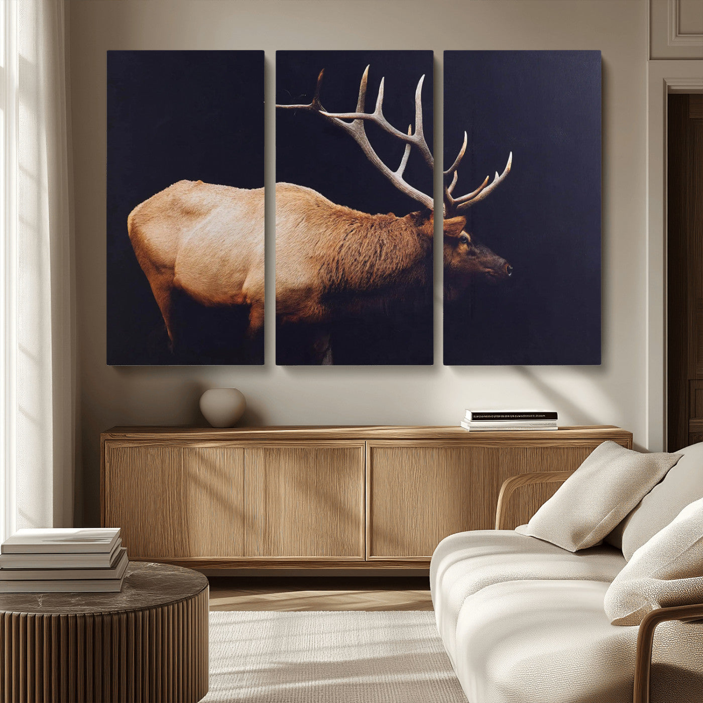 89239257-MGV-CV-48X32-3P - Rustic Elk Wall Art Canvas Print – Framed Moody Wildlife Art Picture Western Animal Artwork for Home, Office