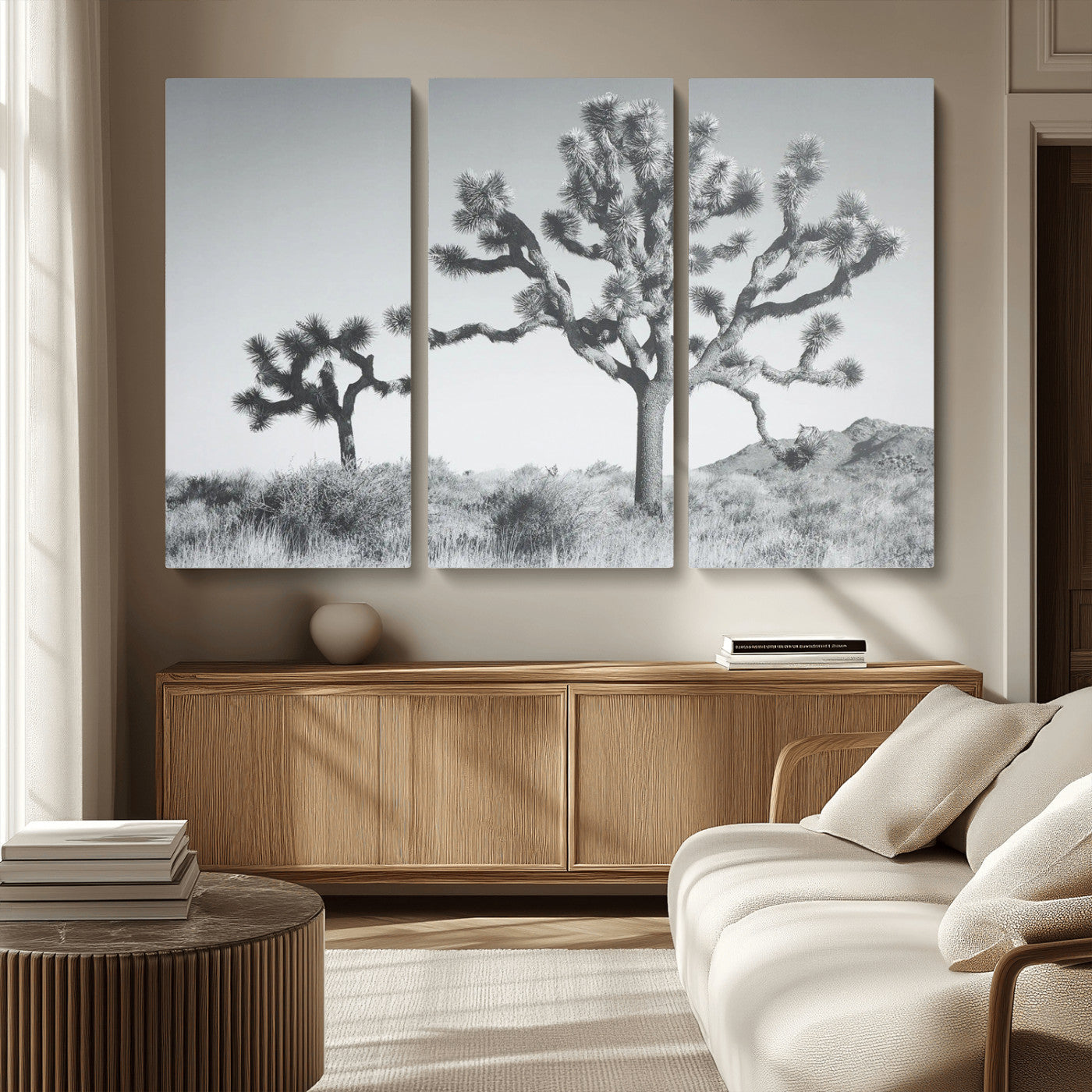 58647785-MGV-CV-36X24-Joshua Trees Wall Art Canvas Print – Framed Black White Desert Landscape Dry Grass Hills Tranquil Artwork for Home Office