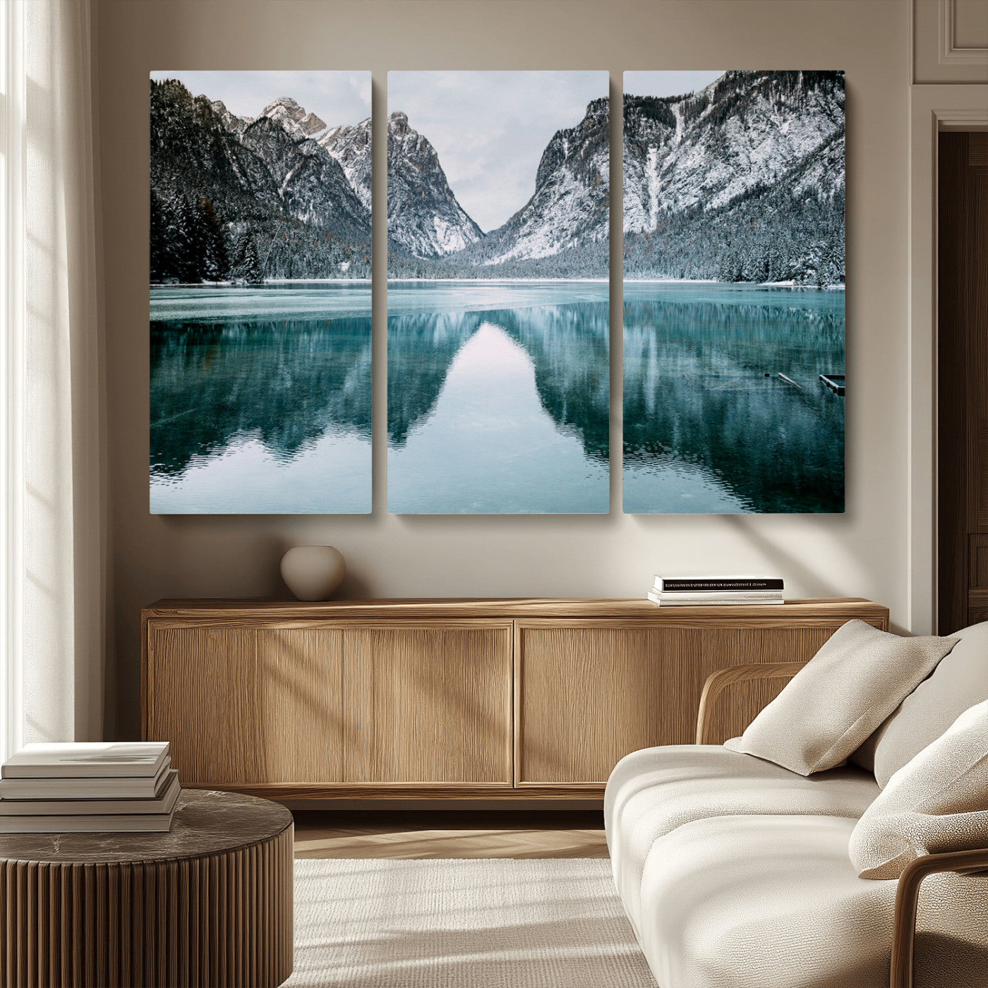 73098373-MGV-CV-36X24-Mountain Lake Wall Art Canvas Print – Framed Snowy Peaks Wonderland Nature Scene Artwork for Home Office