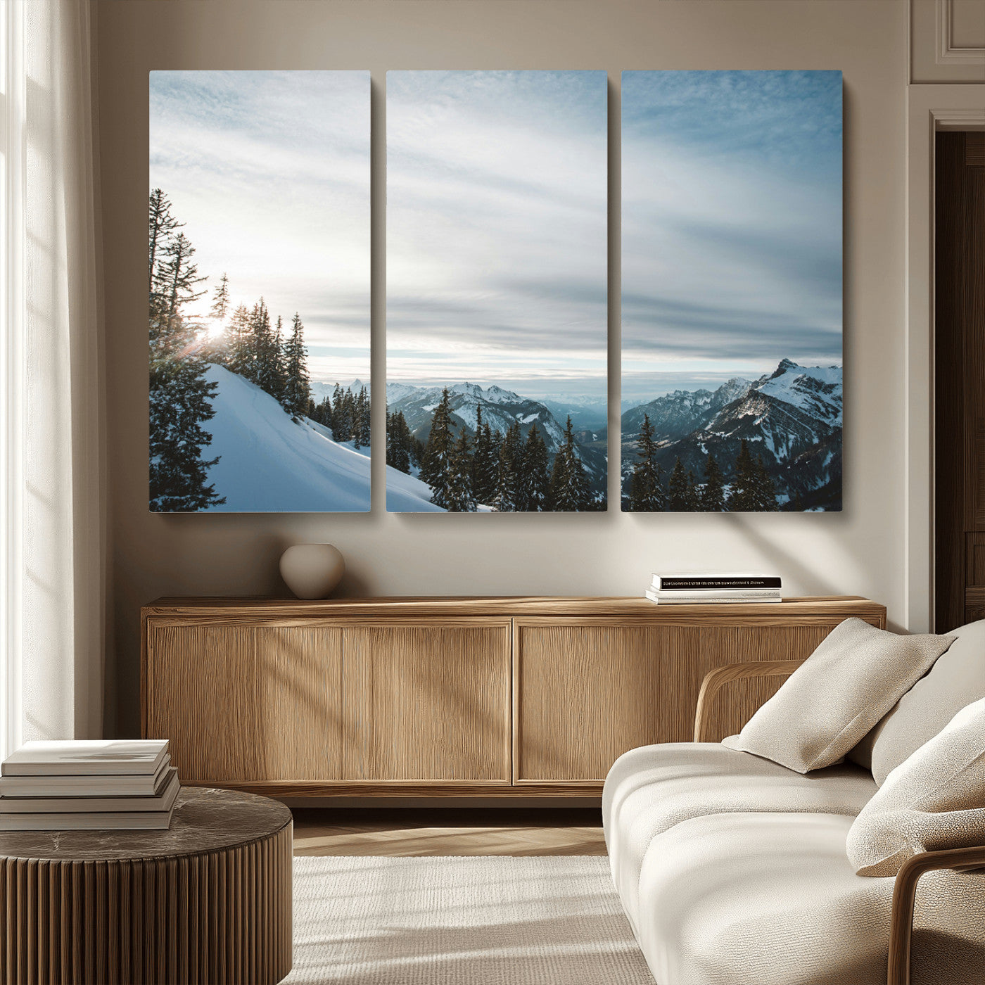 55564749-MGV-CV-36X24-Snowy Mountains Wall Art Canvas Print – Framed Alpine Landscape Frosty Peaks Nordic Minimalist Nature Artwork for Home, Office