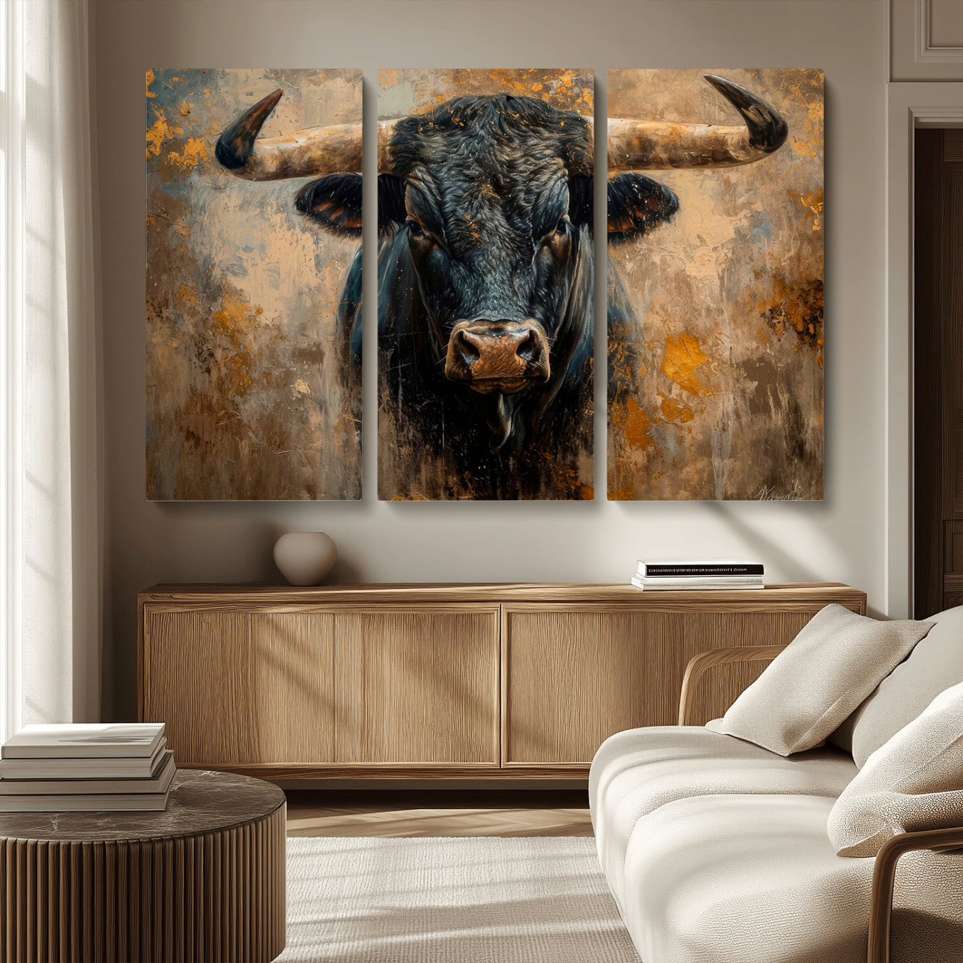 91615410-MGV-CV-36X24 - Abstract Texas Longhorn Bull Wall Art – Rustic Farmhouse Canvas Print, Western Cabin Style Decor, Large Animal Artwork for Living Room or Office
